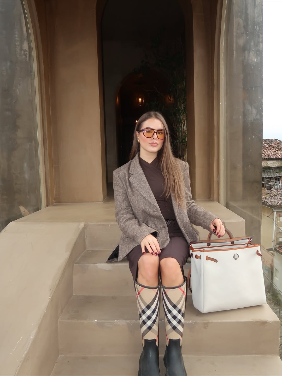 Chic Tweed Blazer With Monochromatic Dress And Iconic Boots