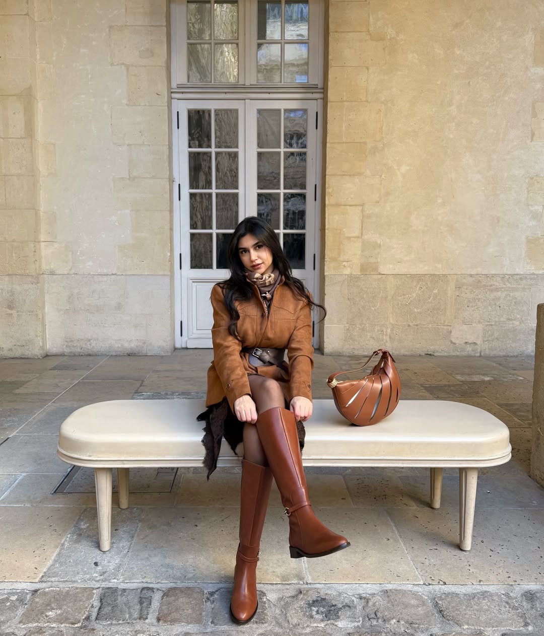 Brown Leather Jacket And Knee High Boots Outfit