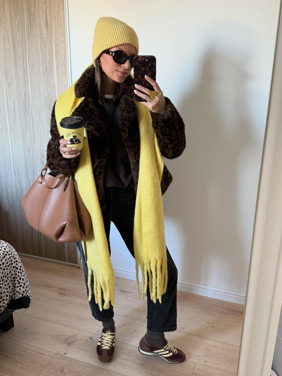 Leopard Faux Fur Coat With Bright Yellow Scarf