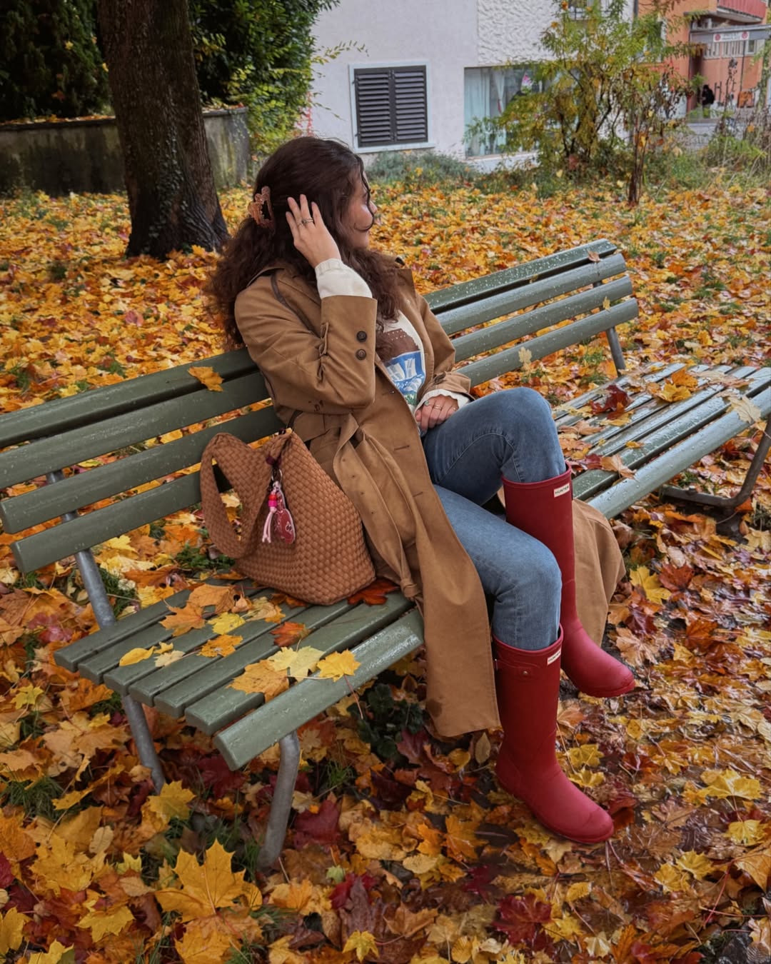 Brown Trench With Red Hunter Boots And Jeans