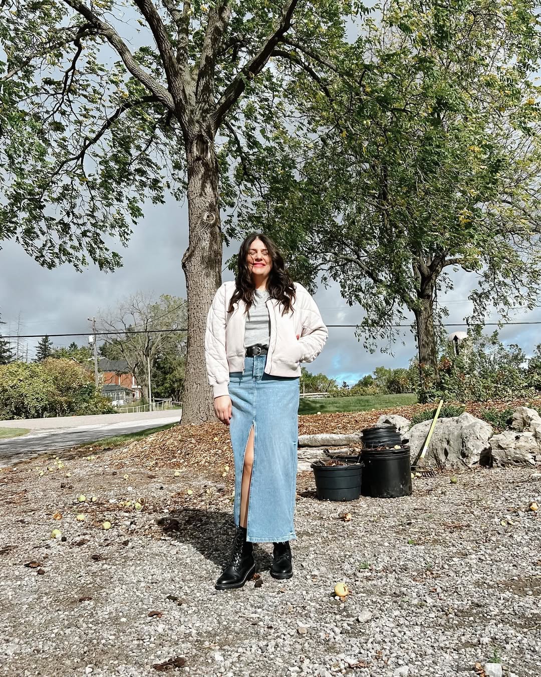 Light Puffer Jacket And Denim Maxi Skirt