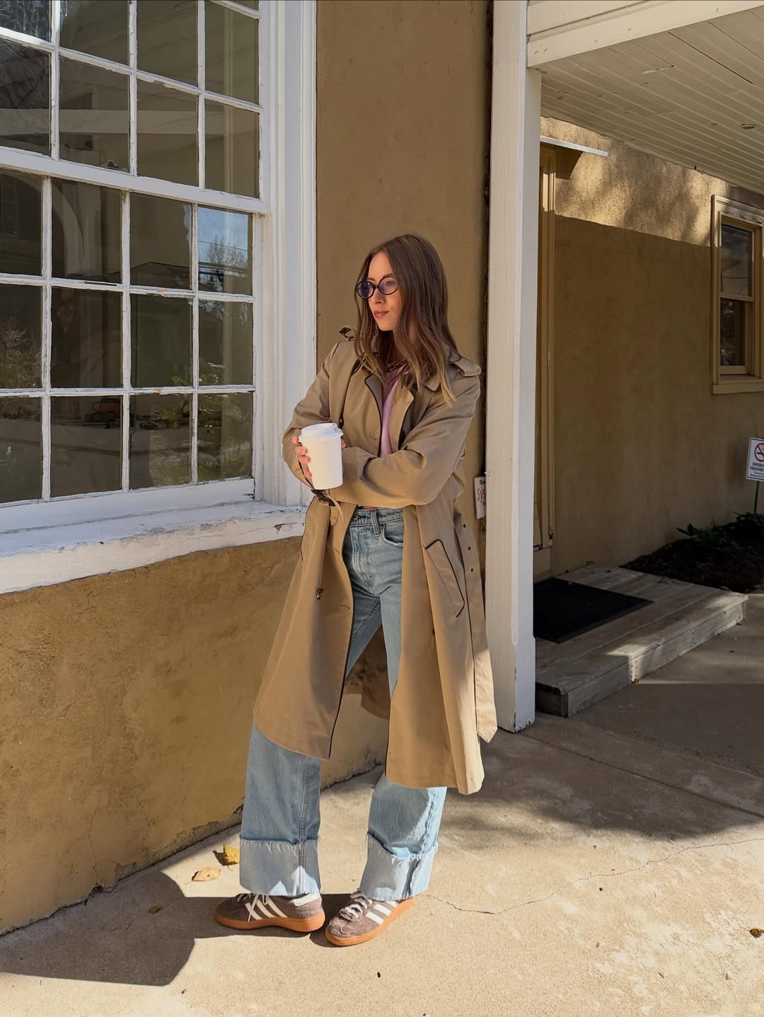Classic Trench With Wide Leg Denim And Retro Sneakers