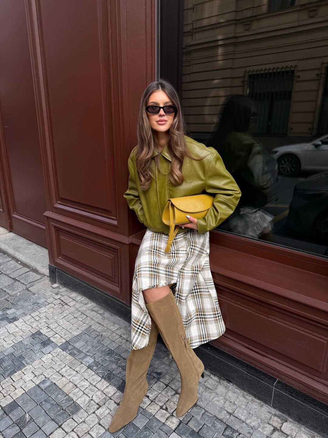 Olive Faux Leather Jacket With Plaid Midi Skirt