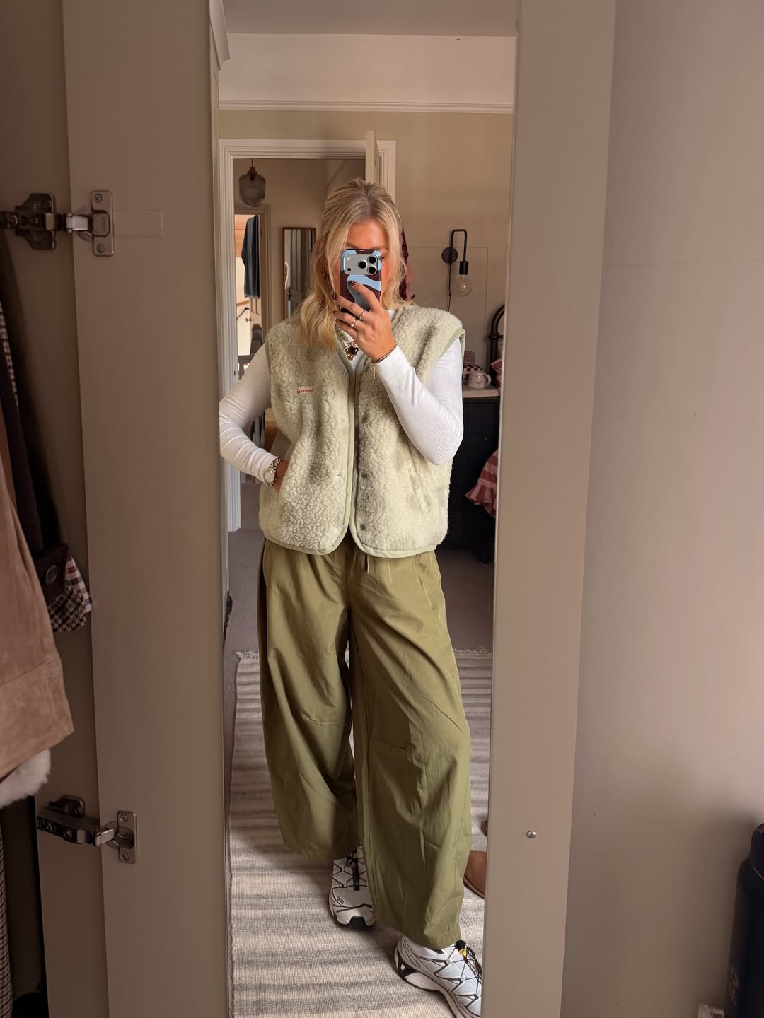 Cream Fleece Vest With Olive Wide Leg Cargo Pants