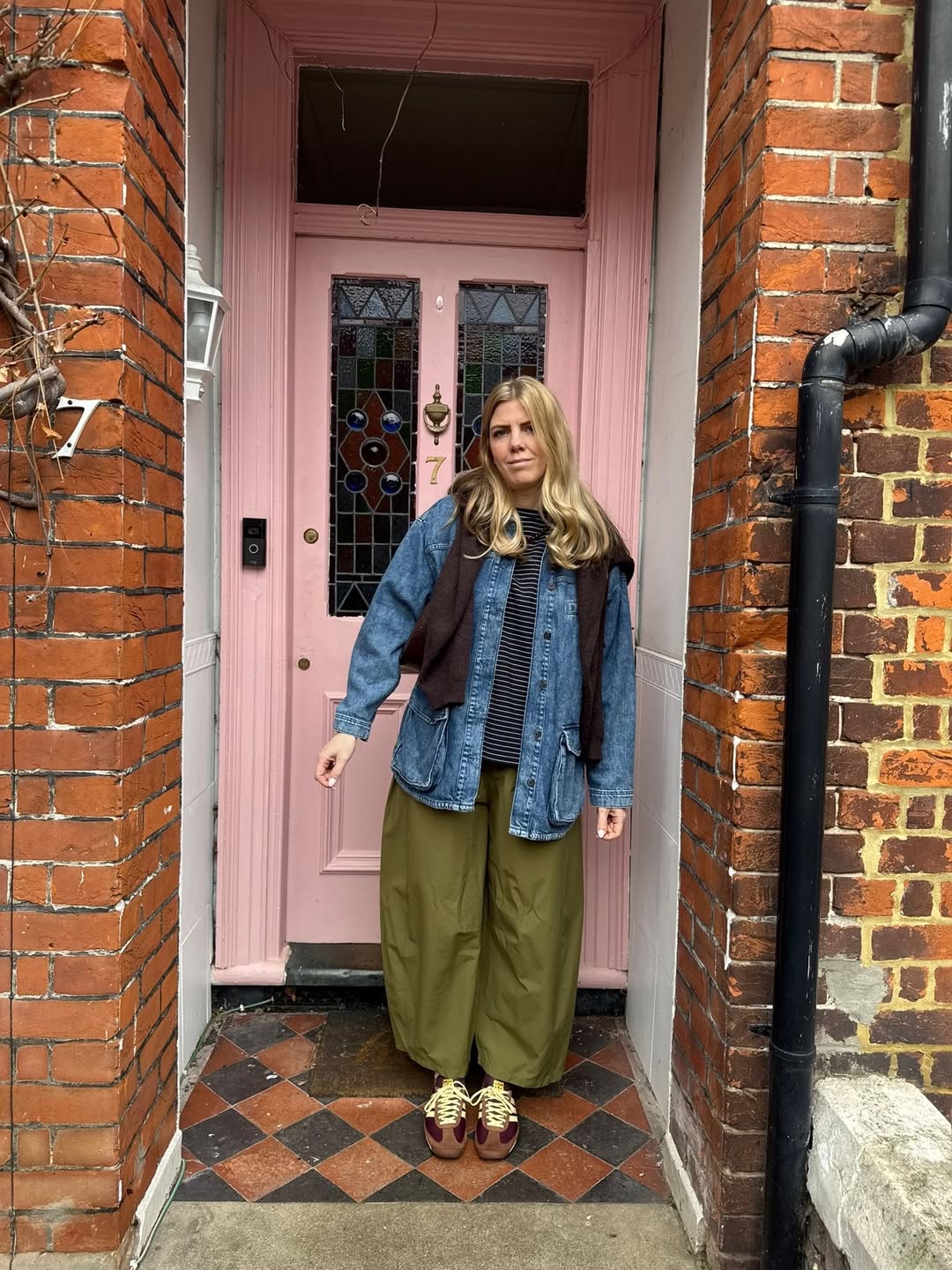 Denim Jacket And Olive Cargo Pants Casual Look