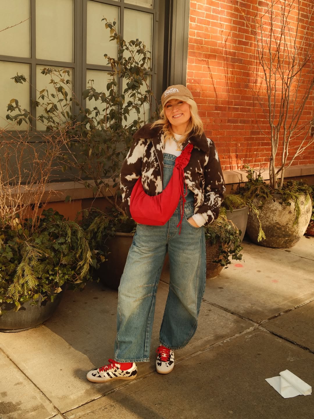 Cow Print Jacket With Denim Overalls Street Style