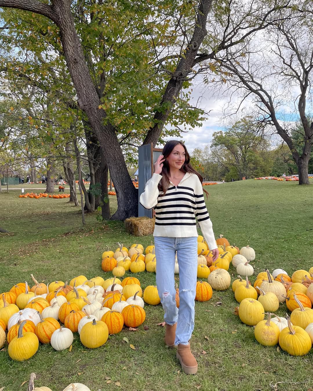 Striped Quarter Zip Sweater With Distressed Denim