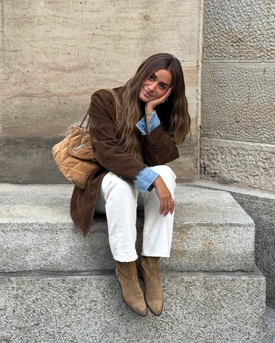 Brown Suede Blazer With White Jeans And Ankle Boots