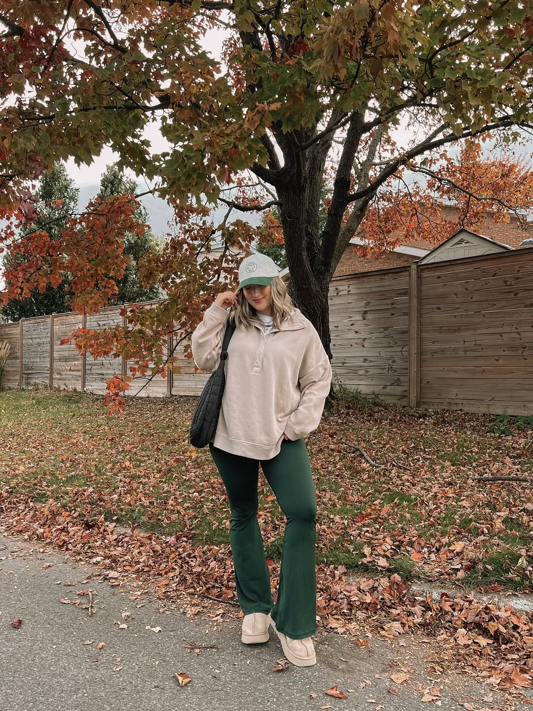 Oversized Beige Pullover With Green Flare Pants