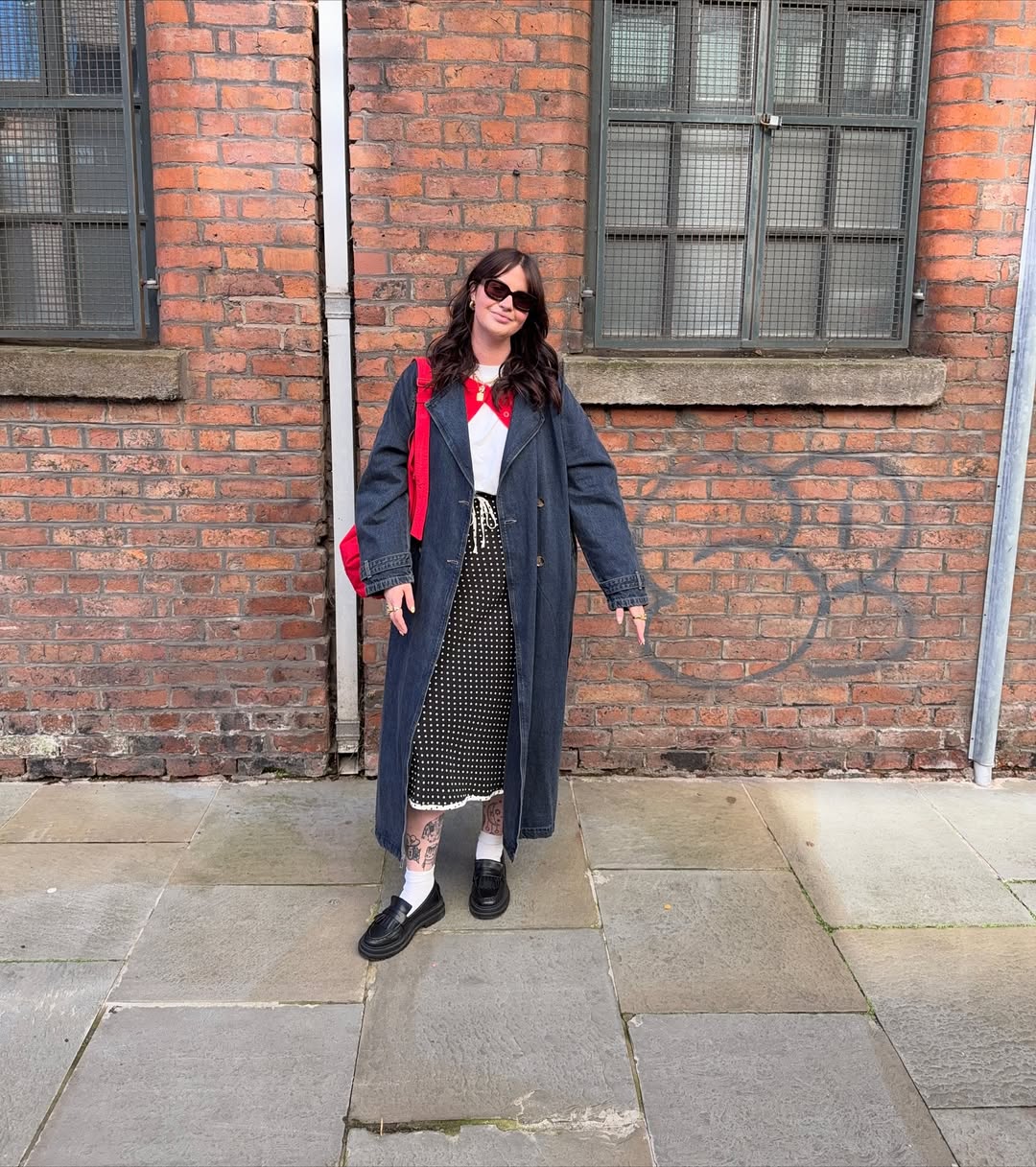 Denim Maxi Coat With Polka Dot Midi Skirt