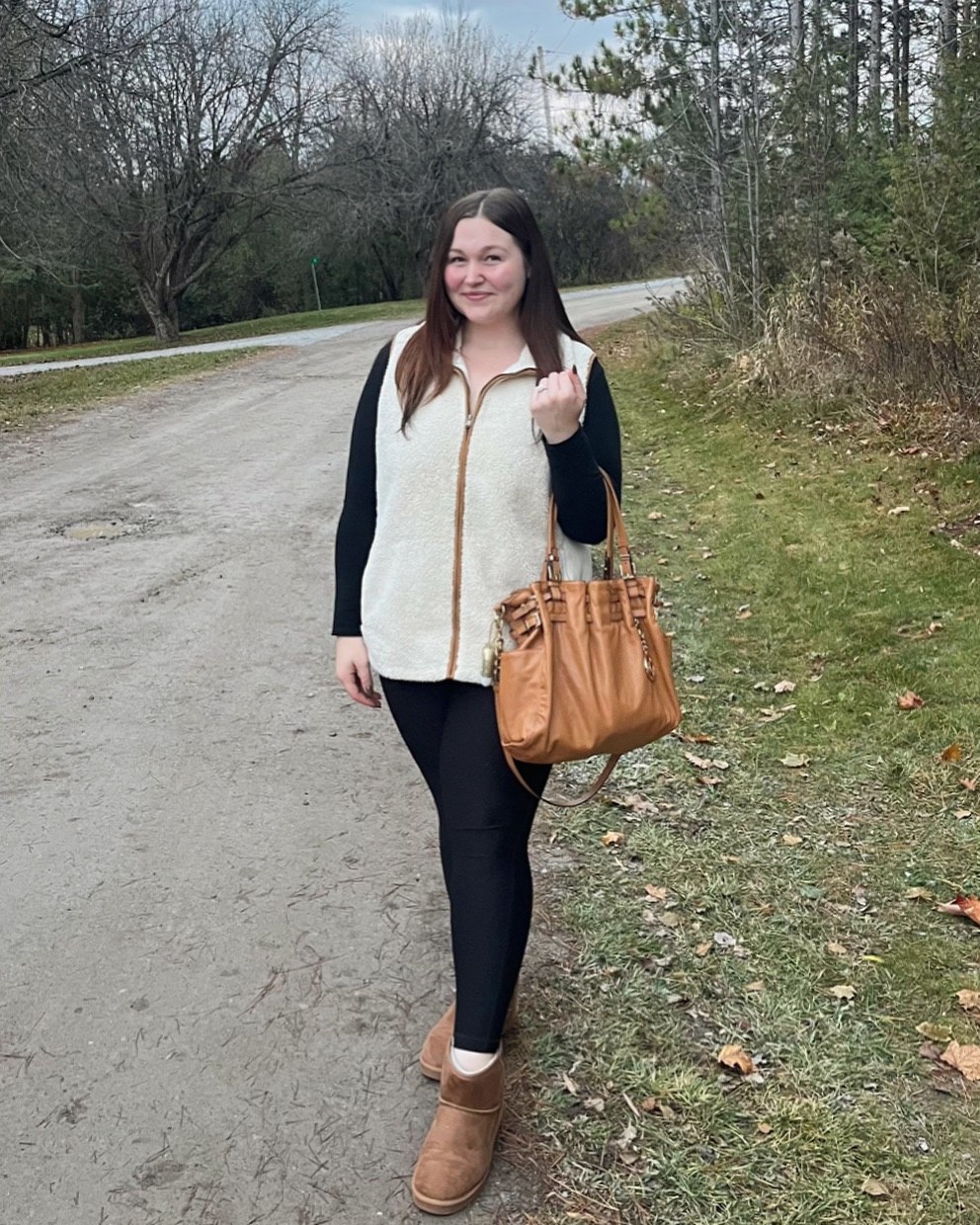 Cozy Fleece Vest With Black Leggings And Ankle Boots