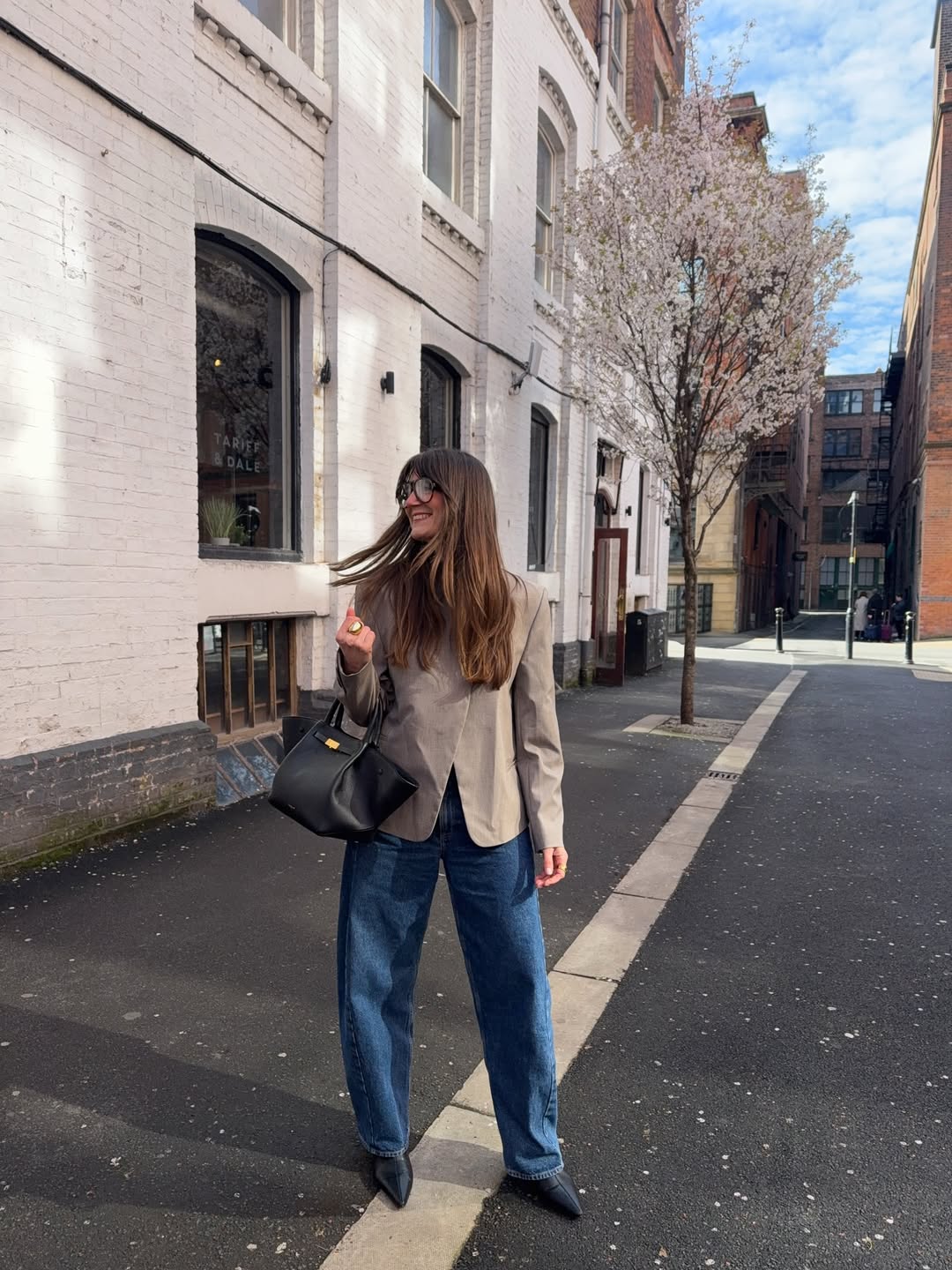 Taupe Blazer With Relaxed Denim and Pointed Boots