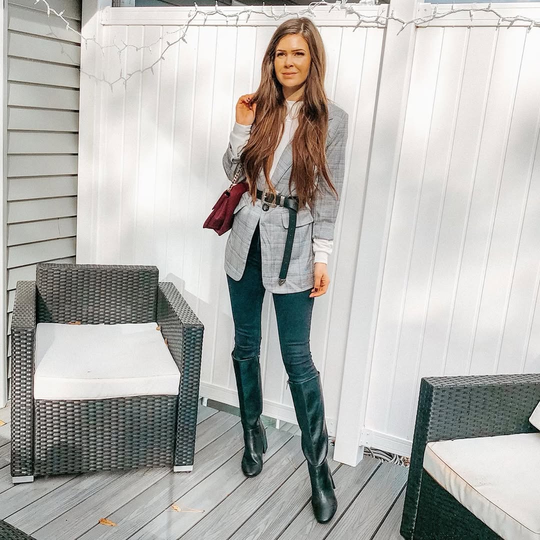 Plaid Blazer With Knee-High Boots Outfit