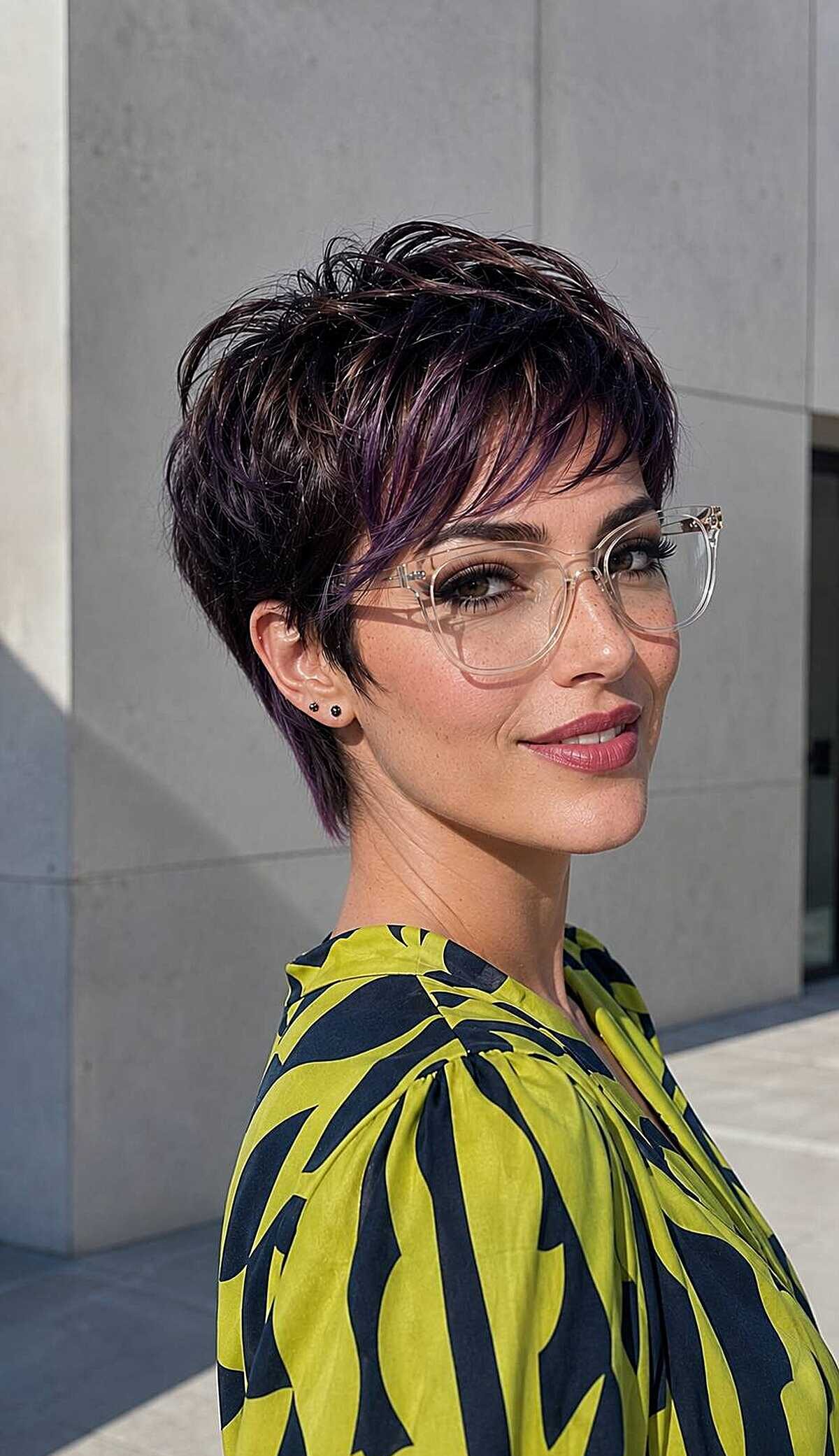 Dark pixie with plum purple tones and clear frames