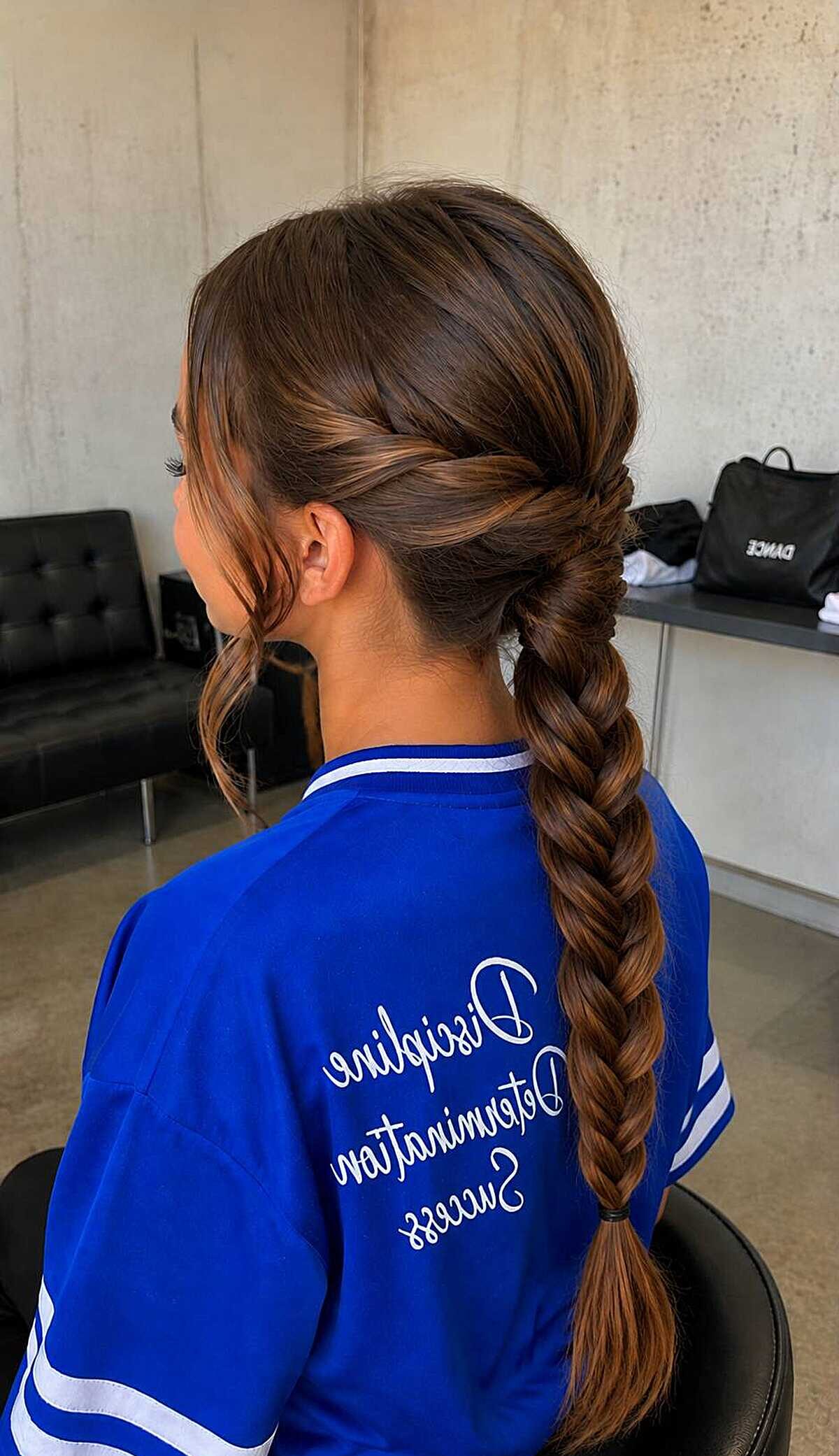 Girl with long twisted rope braid ponytail from behind