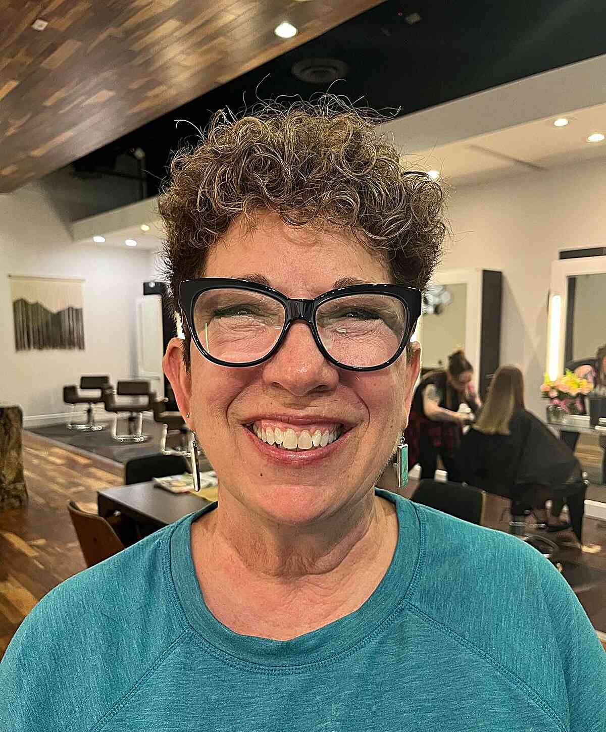 Short Curly Balayage Pixie Cut with Short Sides for Ladies Over 50 Wearing Glasses