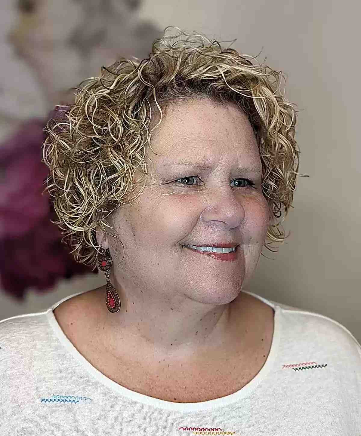 Textured Curls for a Mini Bob Cut on Older Women's Round Faces