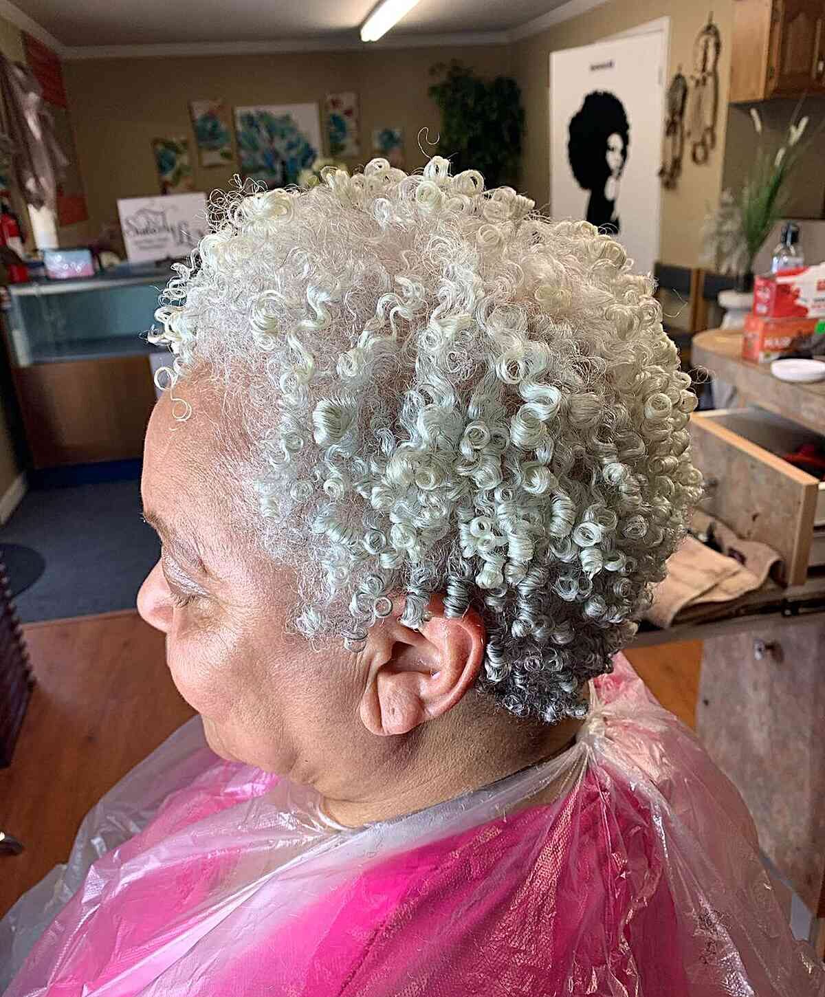White Tight Curls for Extra Short Haircut on Older Black Women