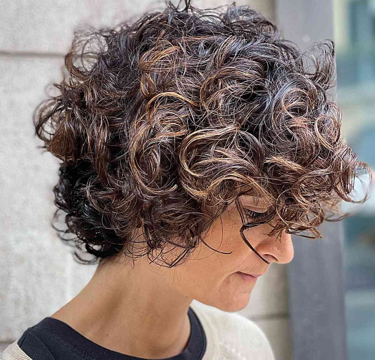 Very Short Layered Bob with Big Curls for Mature Ladies' Brunette Hair