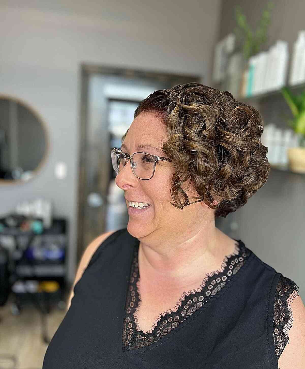 Cheek-Length Cropped Bob with Voluminous Curls for Mature Women
