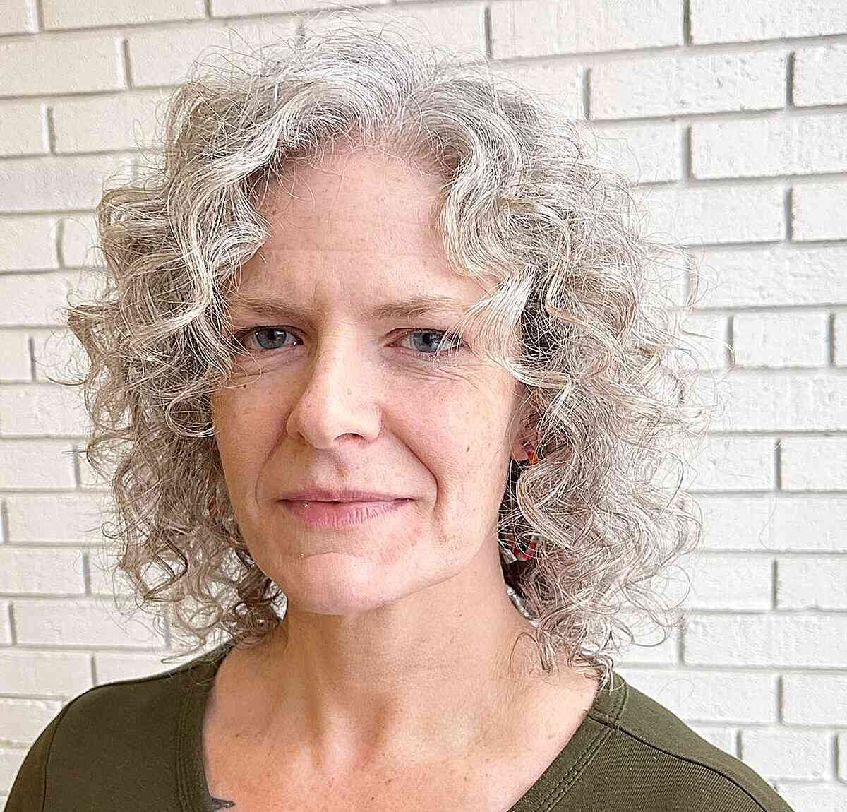 Neck-Length White Curly Shag Bob on 60-year-old Ladies with Square Faces