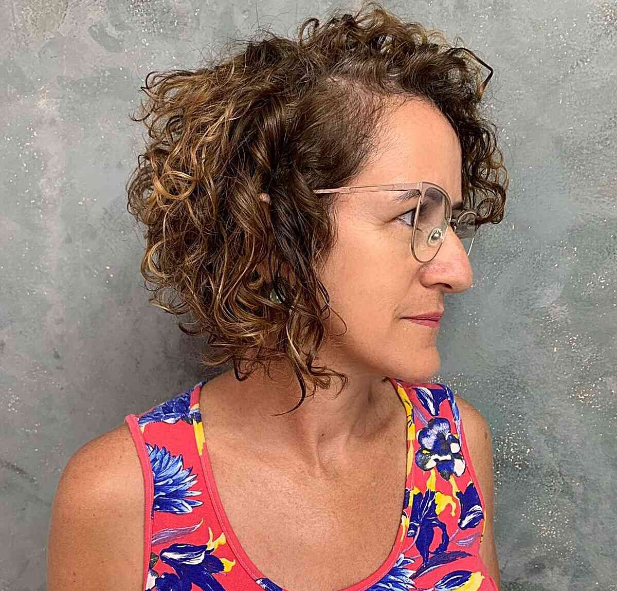 Neck-Length Side Part Stacked Curly Haircut for Mature Ladies with Specs