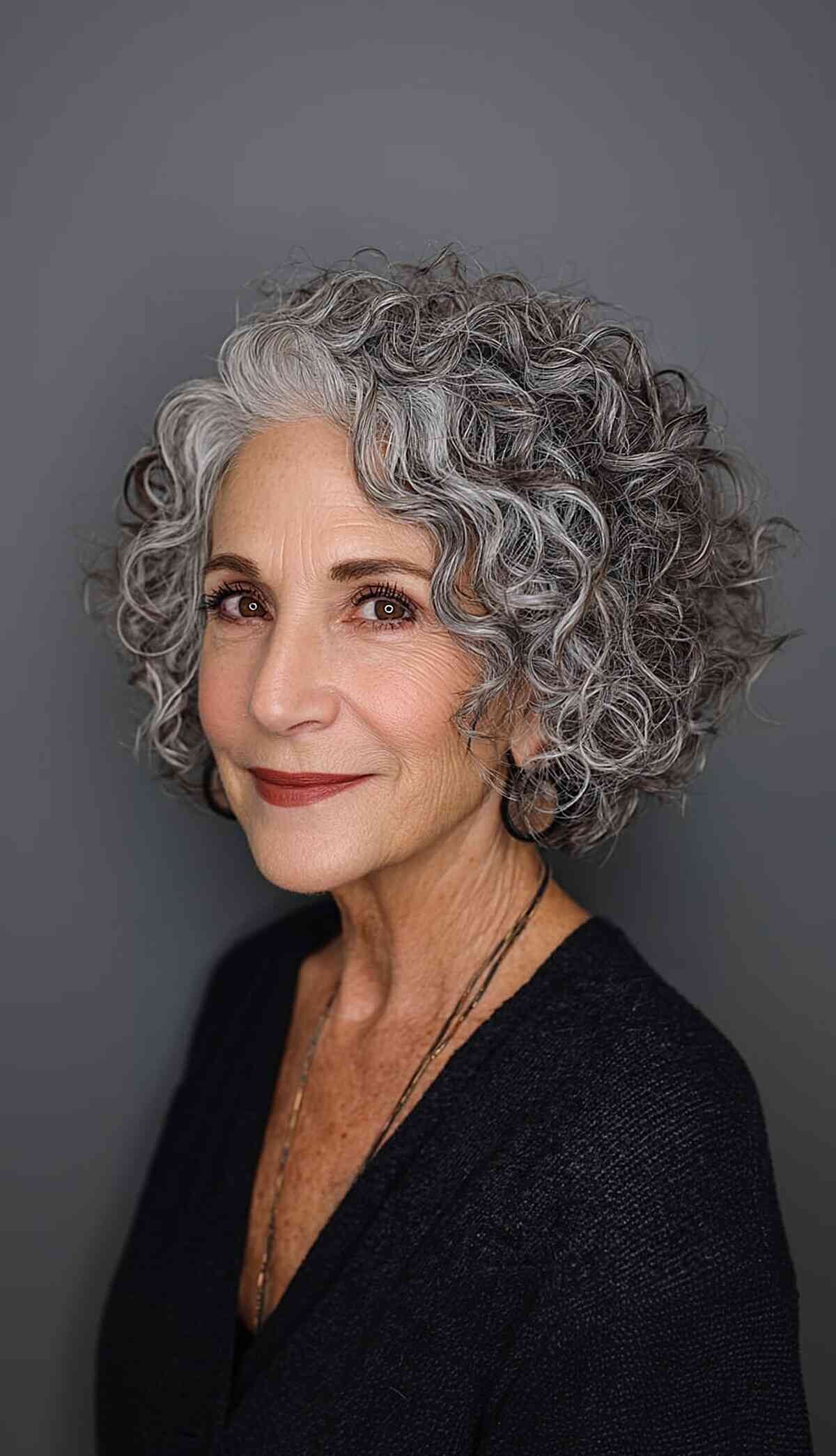Textured Short Curly Cut with Grey Highlights