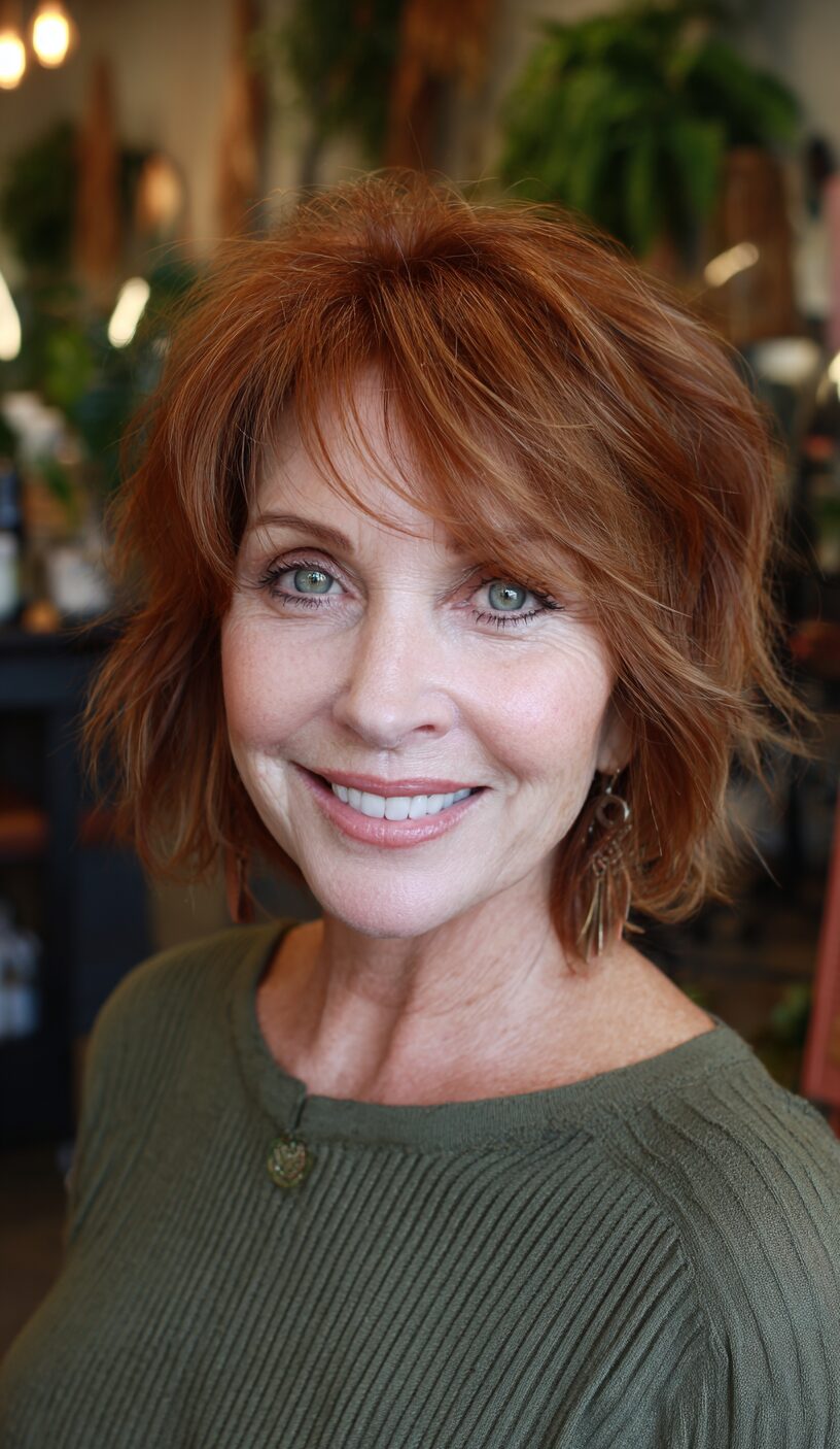 Chic Textured Shag Bob with Warm Copper Highlights