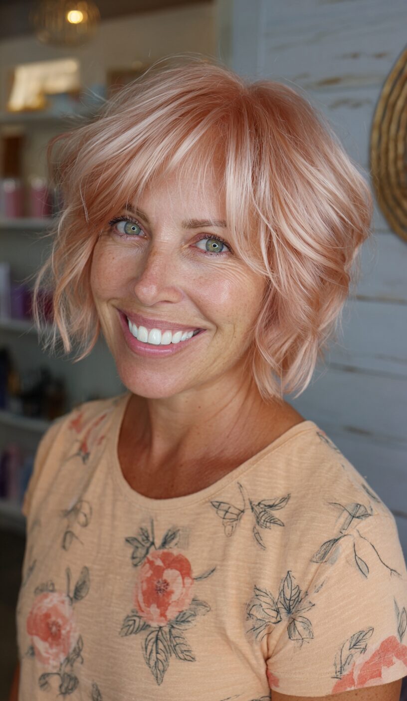Chic Layered Shag Bob with Subtle Rose Tones
