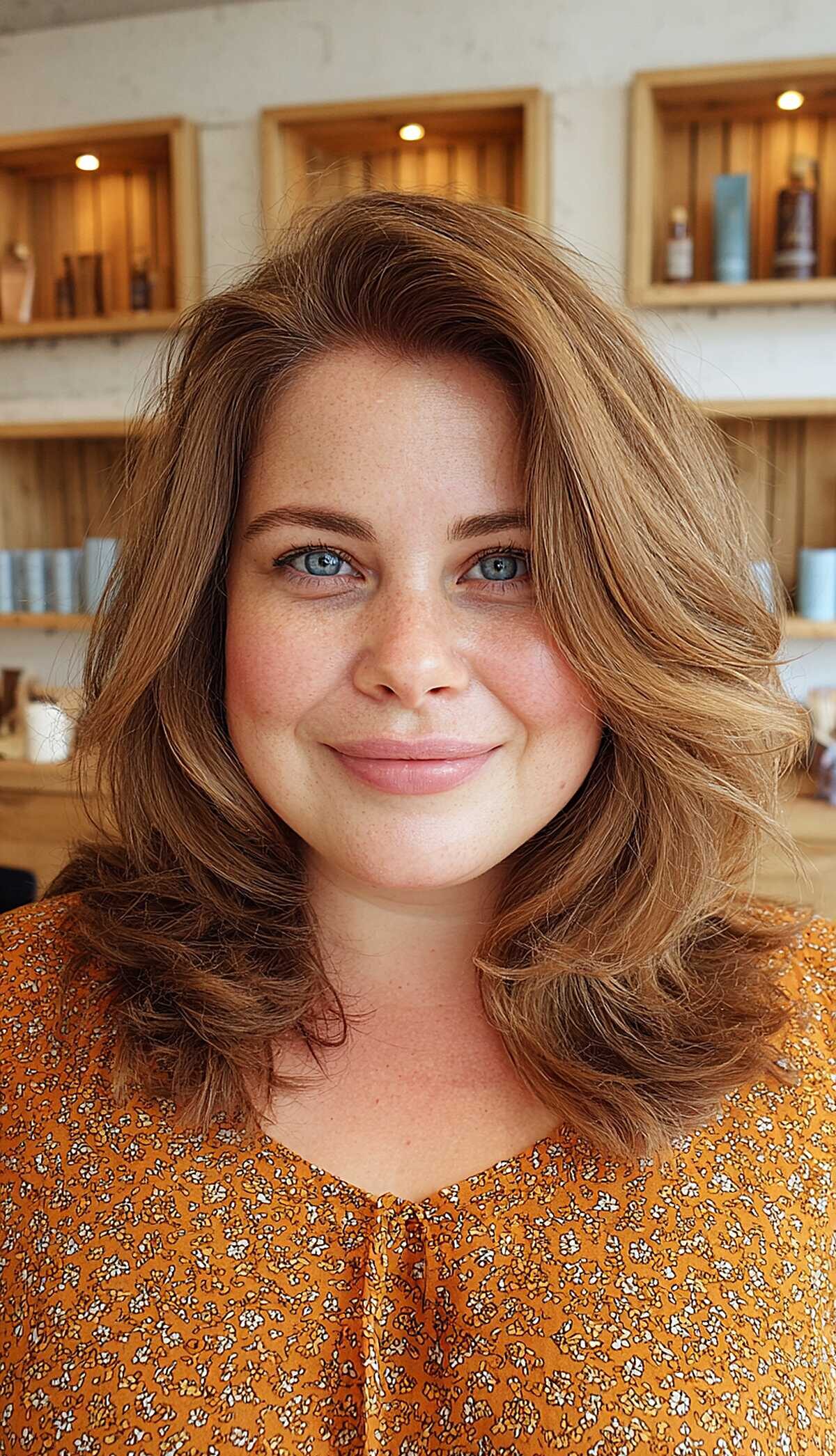 Caramel lob with bouncy curtain layers on round face