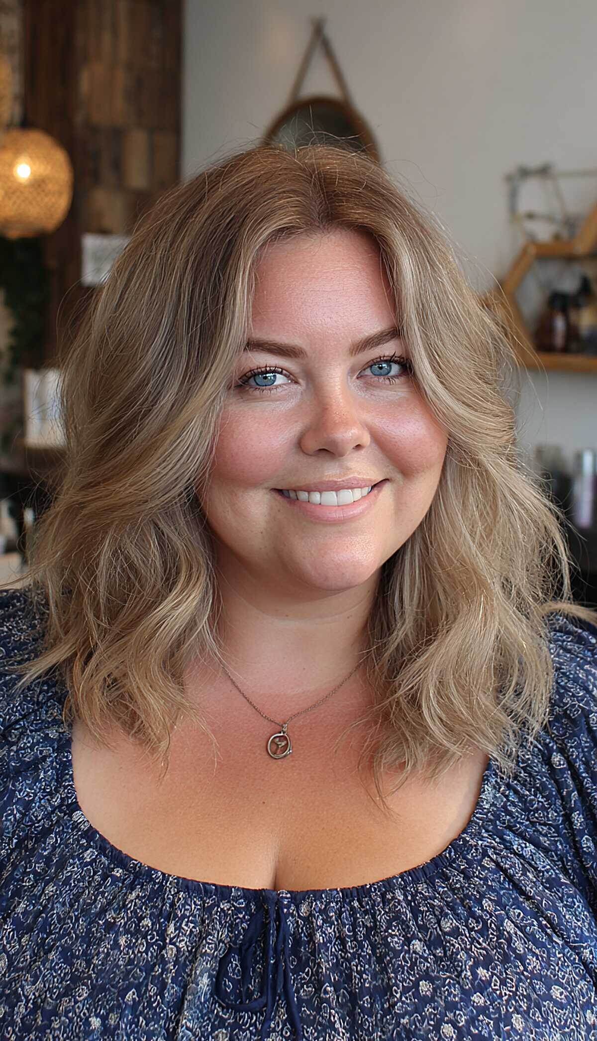 Honey blonde wavy layered lob on round face