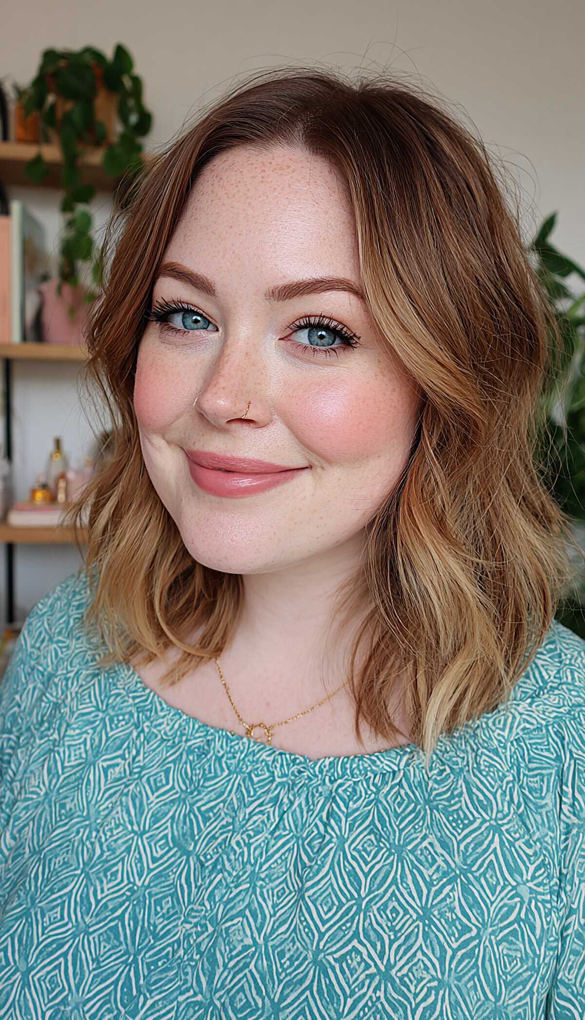 Strawberry bronde layered lob with lived-in waves