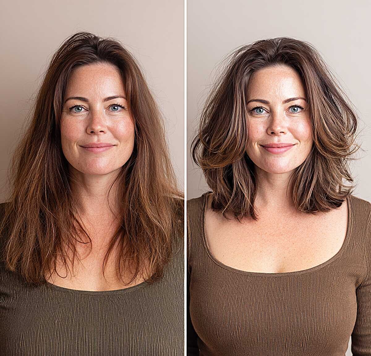 Before and after layered lob transformation on round face