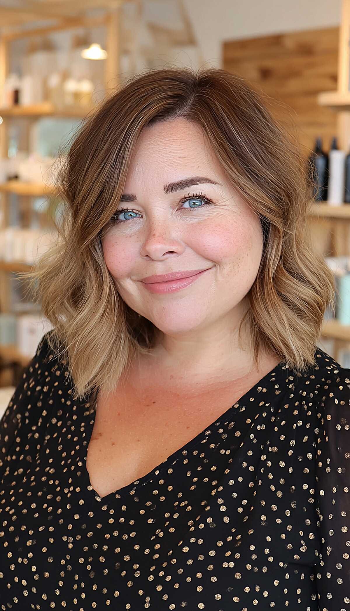 Toffee ombré chin-length layered lob on round face