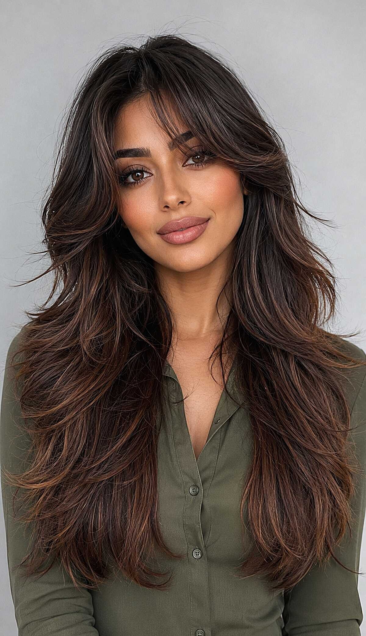 Voluminous dark espresso long layers with warm tones