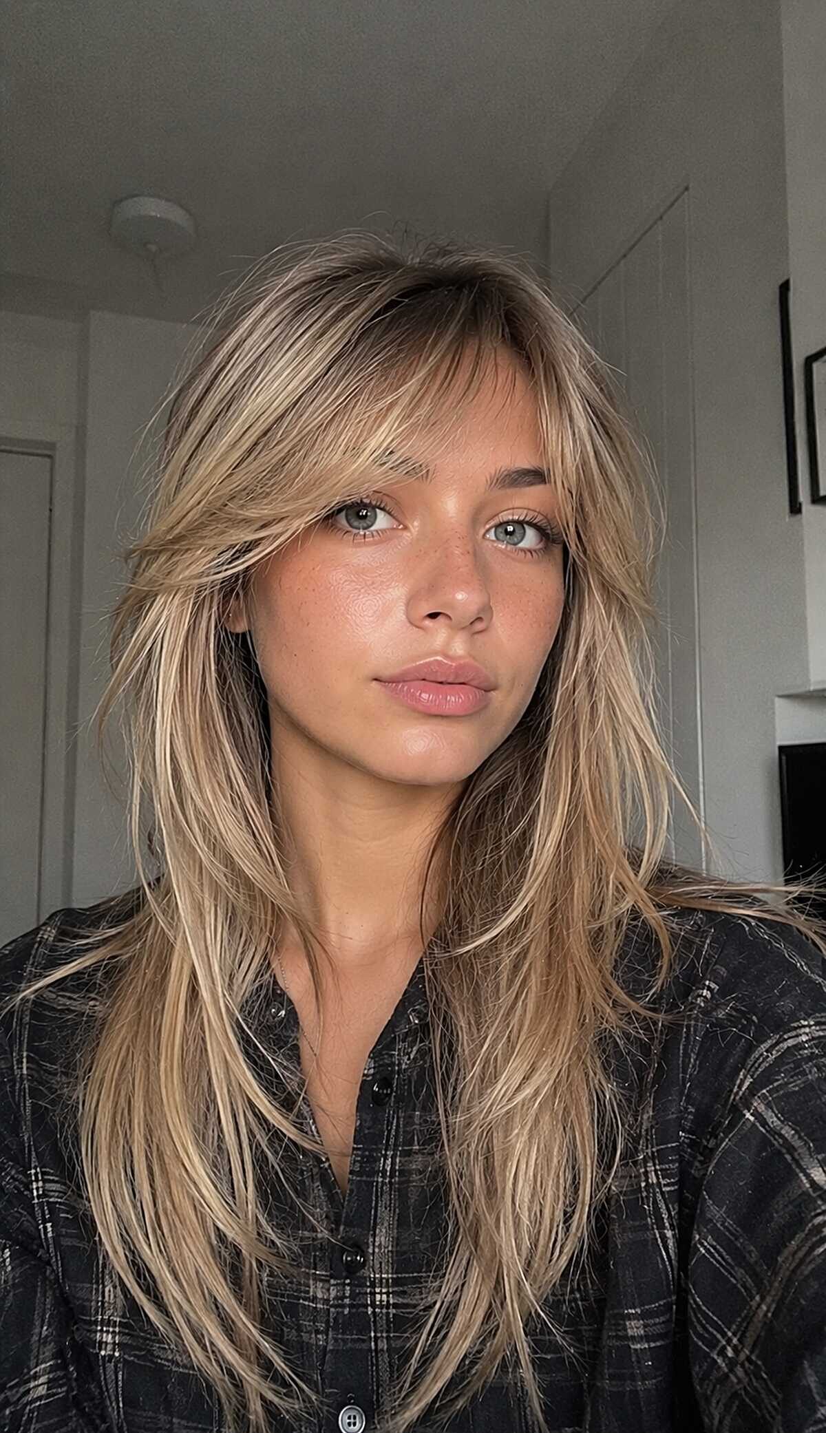 Golden blonde long shag with soft feathered bangs