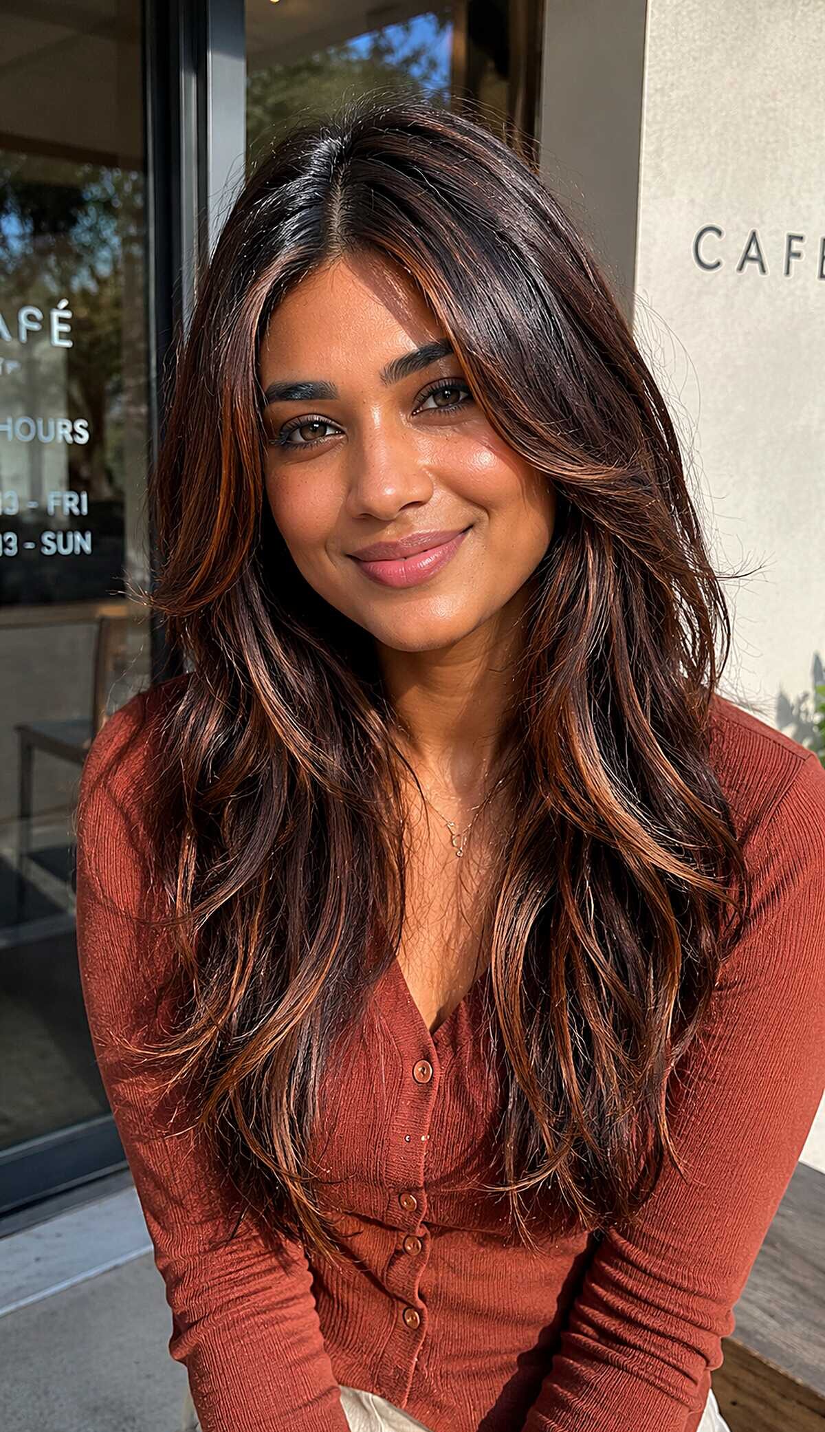 Dark brown wavy hair with thin copper highlights