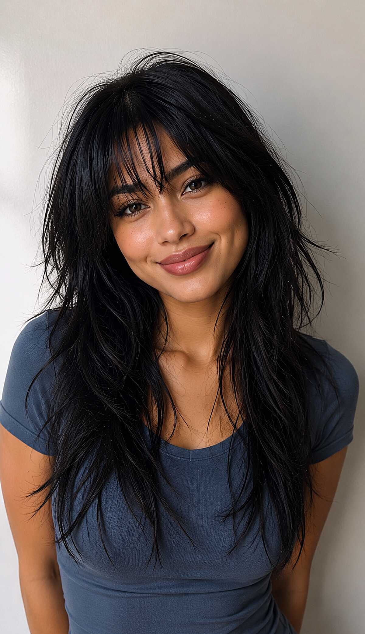 Black long shag with full textured bangs and waves