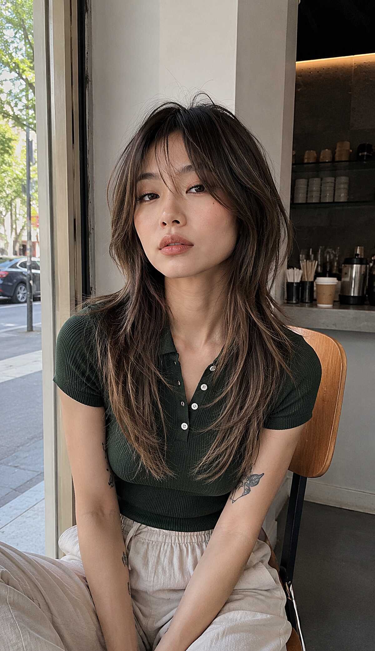Dark brunette layered cut with wispy curtain bangs