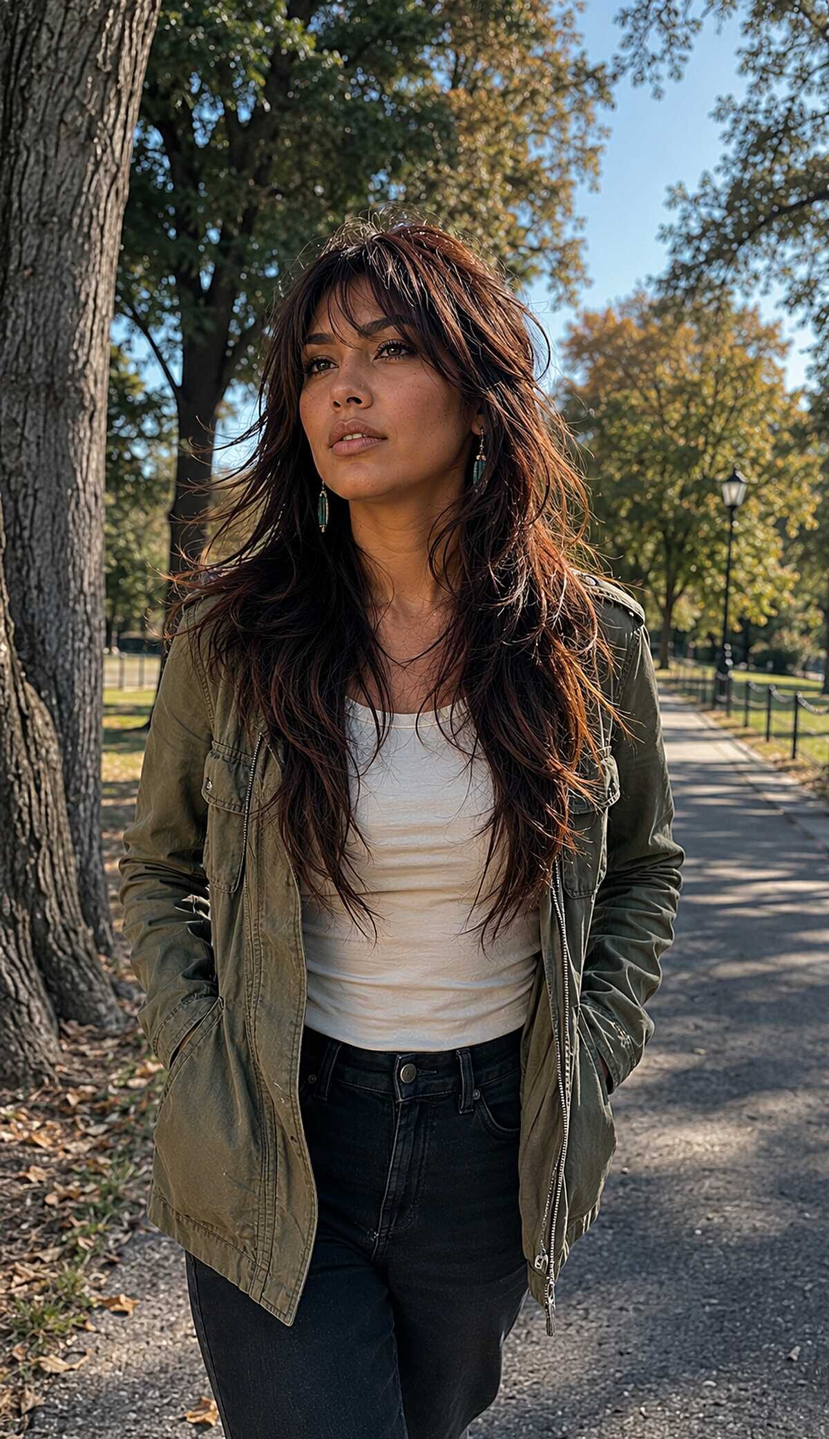 Long chestnut brown wolf cut with bangs outdoors
