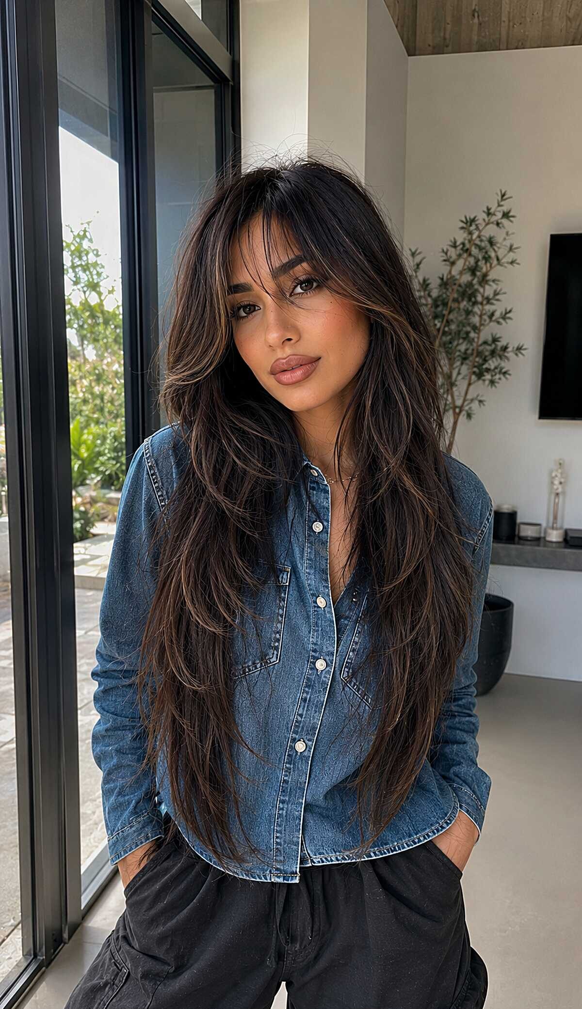 Long dark brown shaggy layers with thick curtain bangs