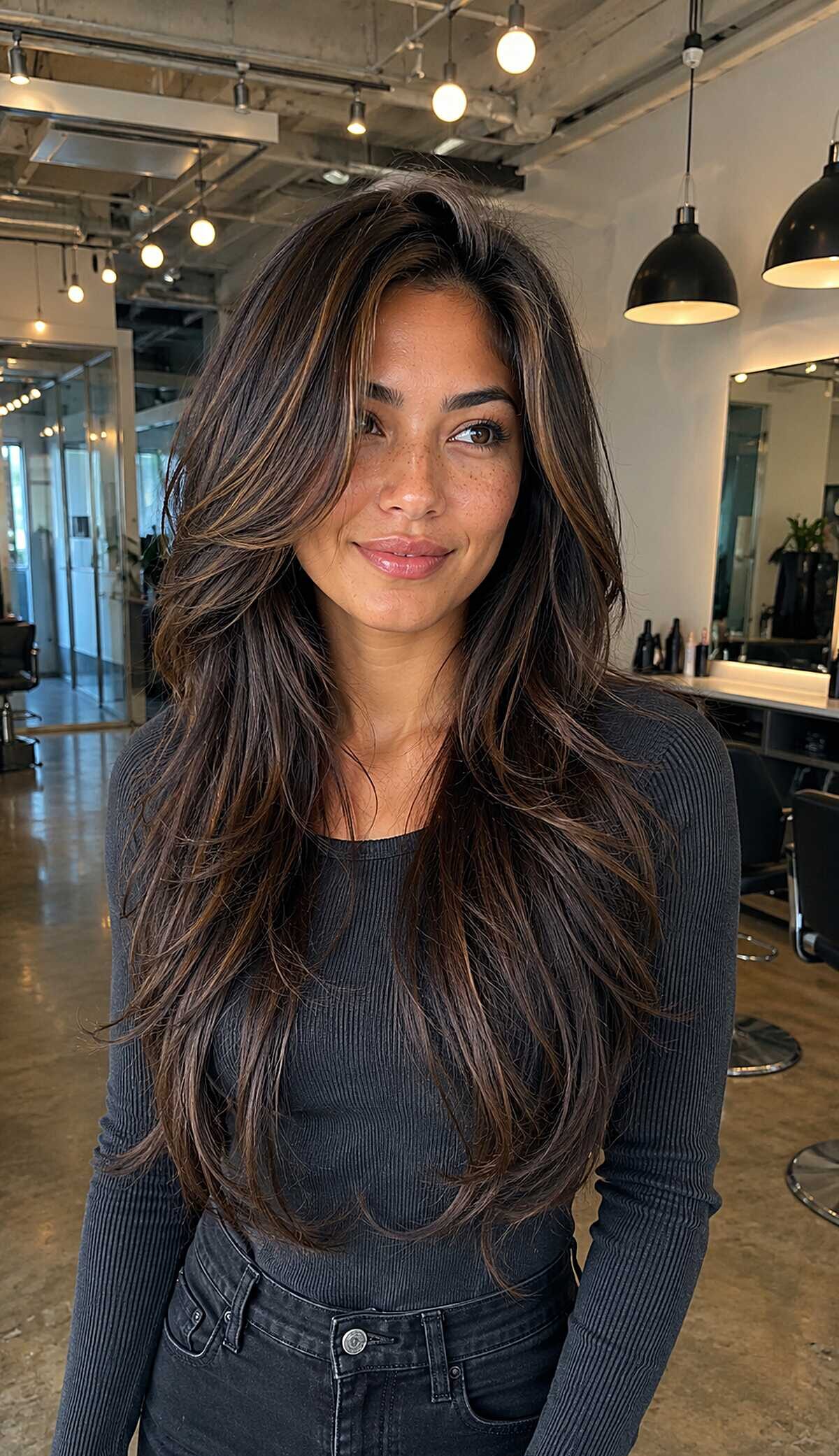 Long tousled brunette layers with caramel highlights