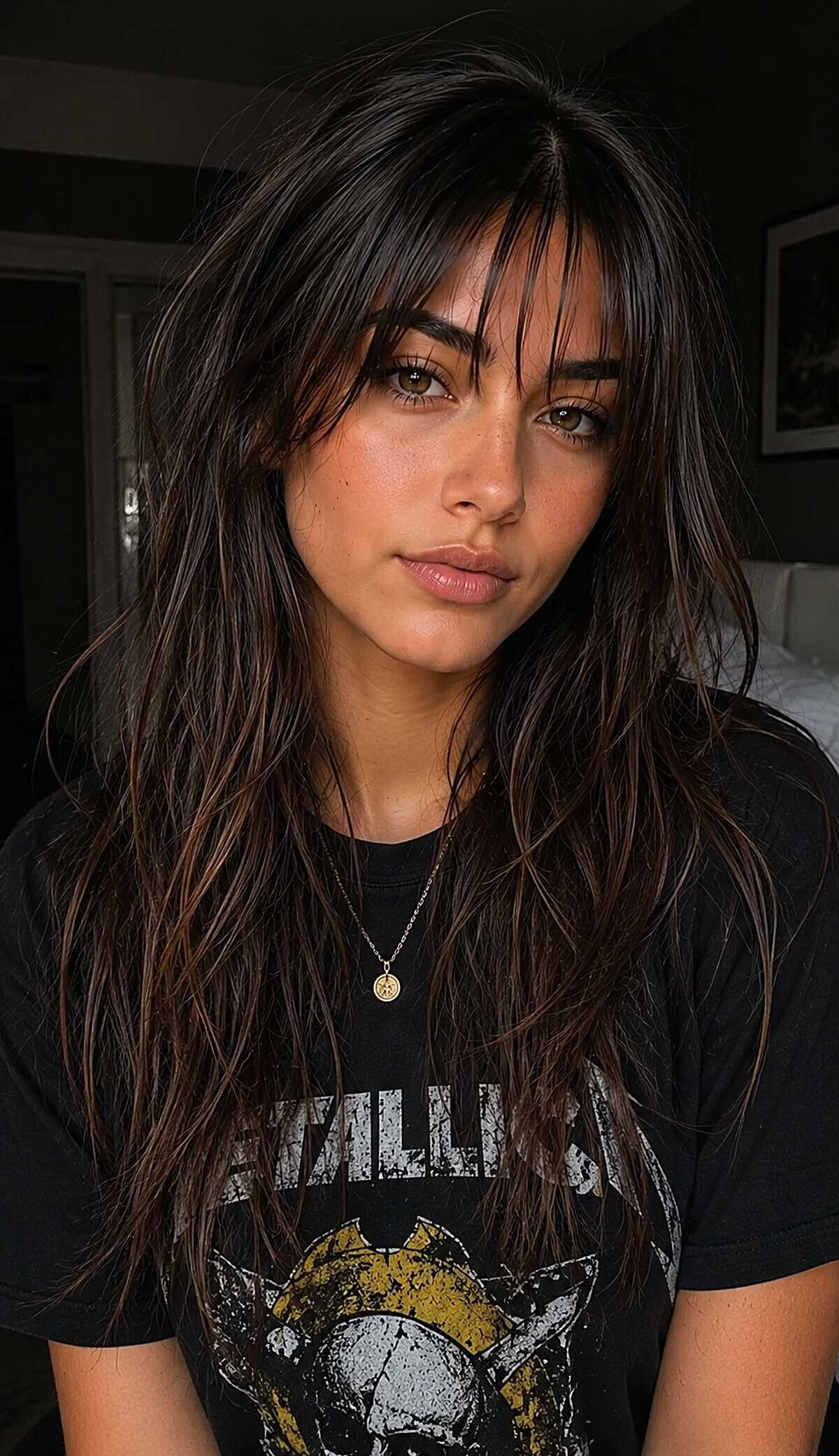 Long dark brunette with wispy bangs and lived-in waves