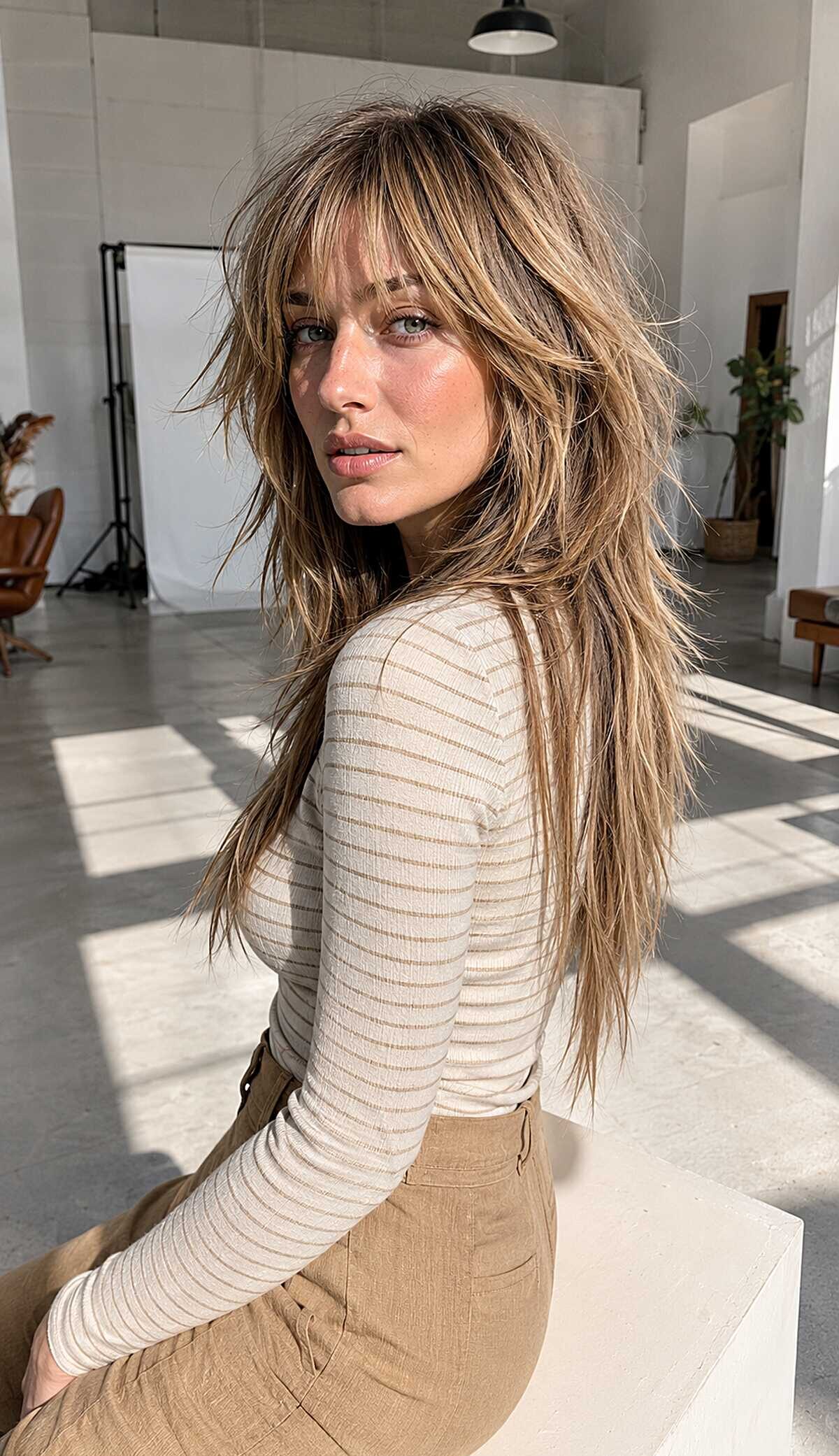 Sandy blonde long shag with curtain bangs and texture