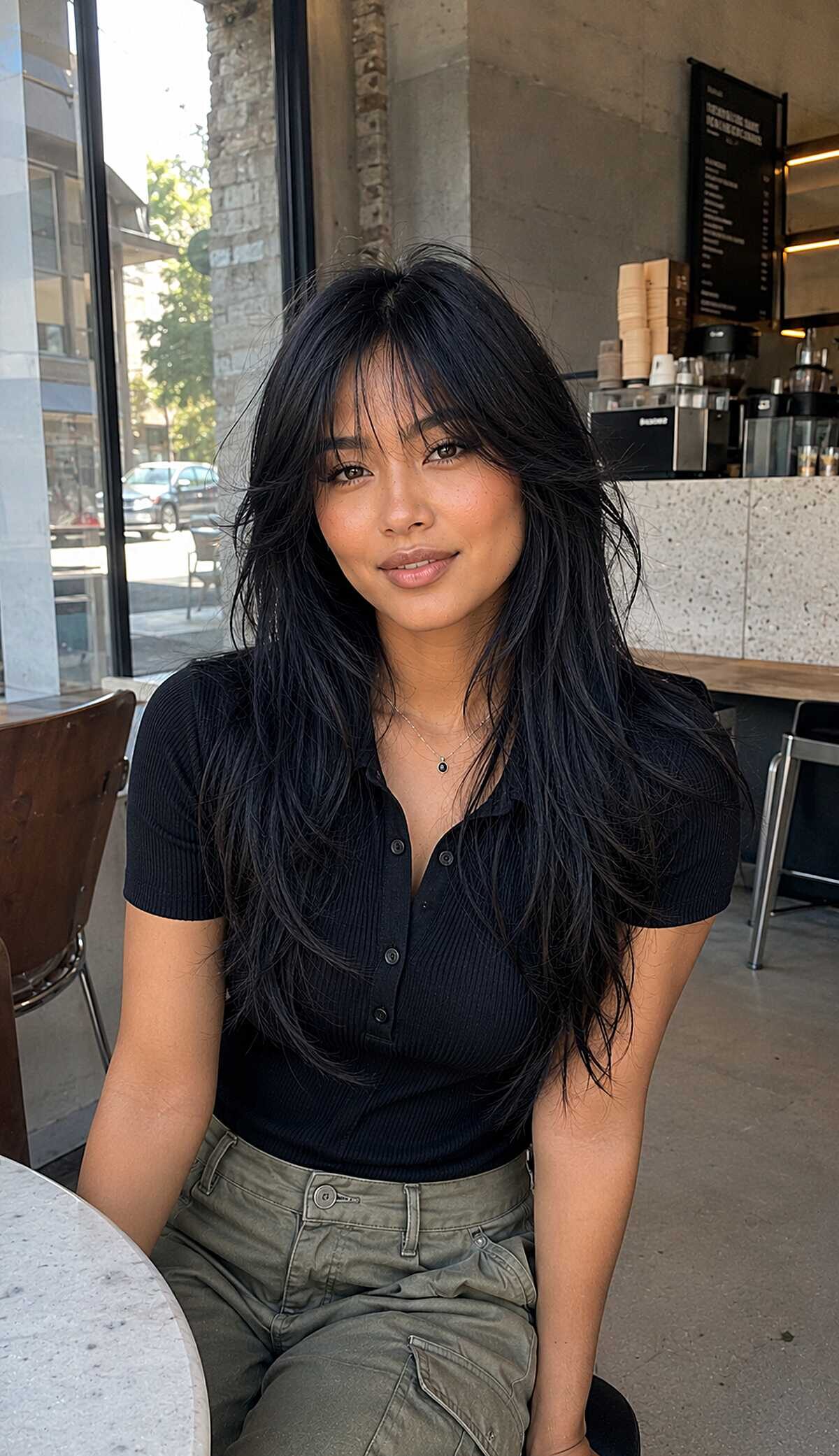 Jet black long shag with choppy layers and bangs