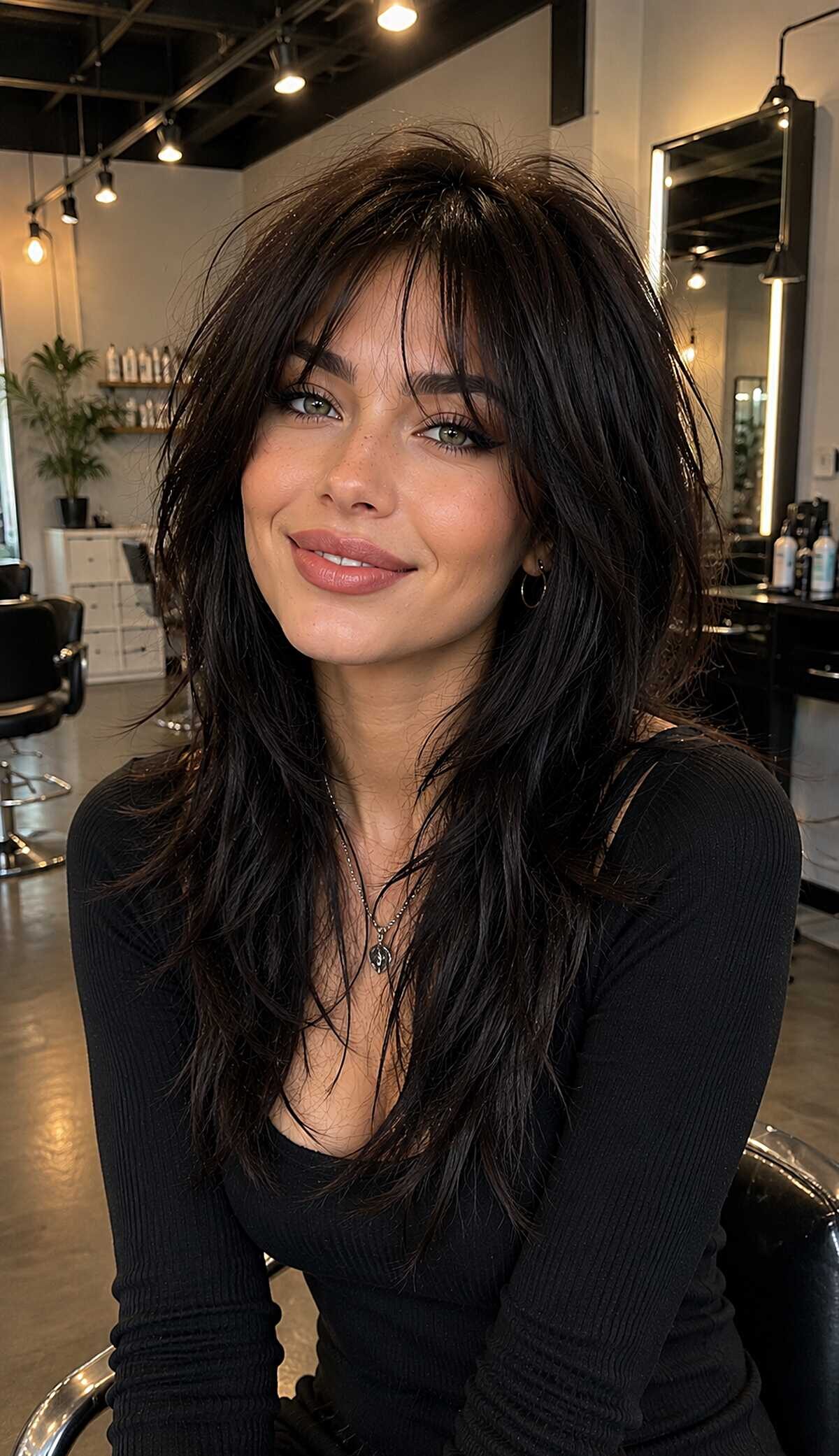 Dark chocolate long shag with piece-y curtain fringe