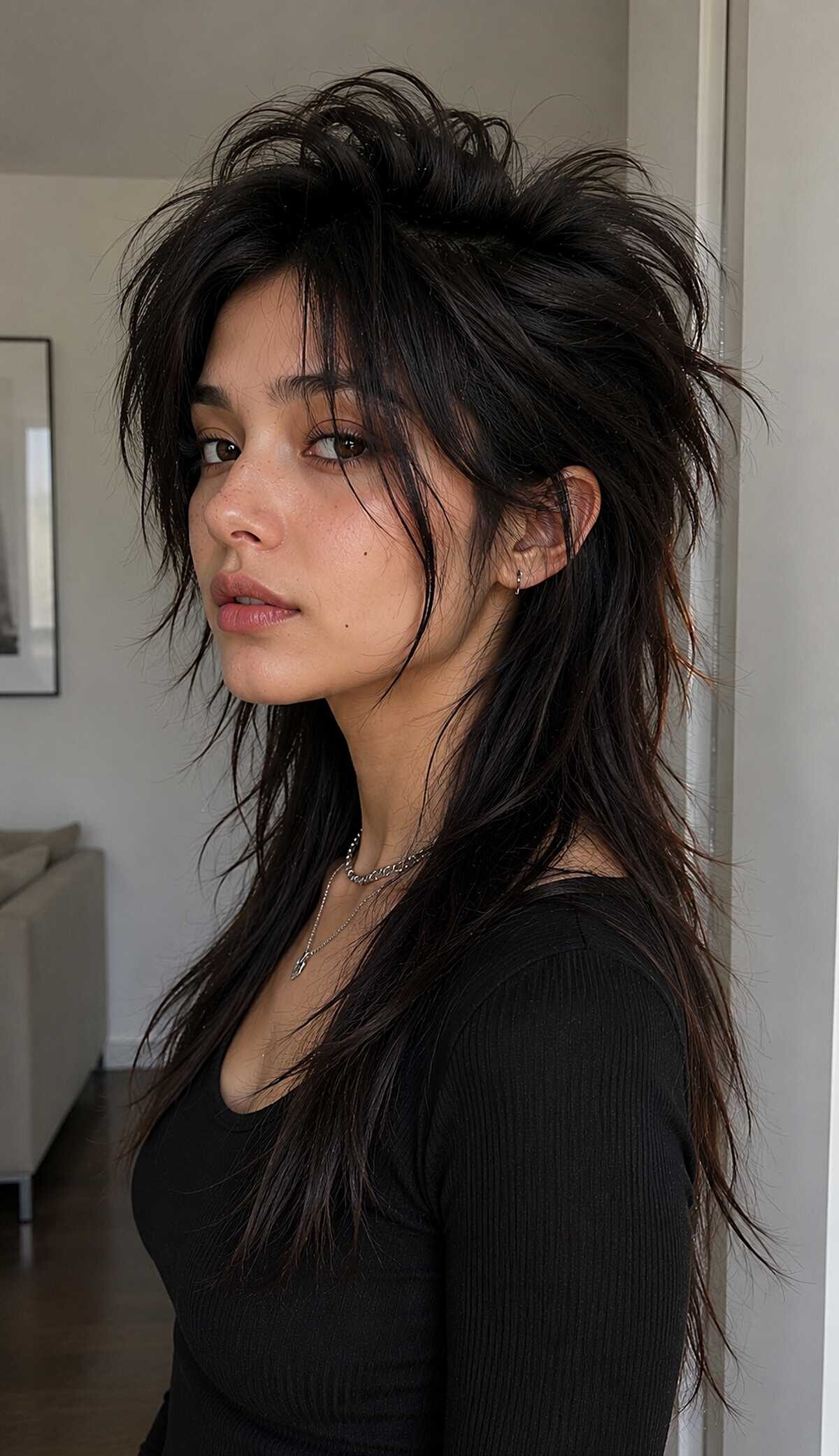 Black long mullet with spiked crown and choppy layers