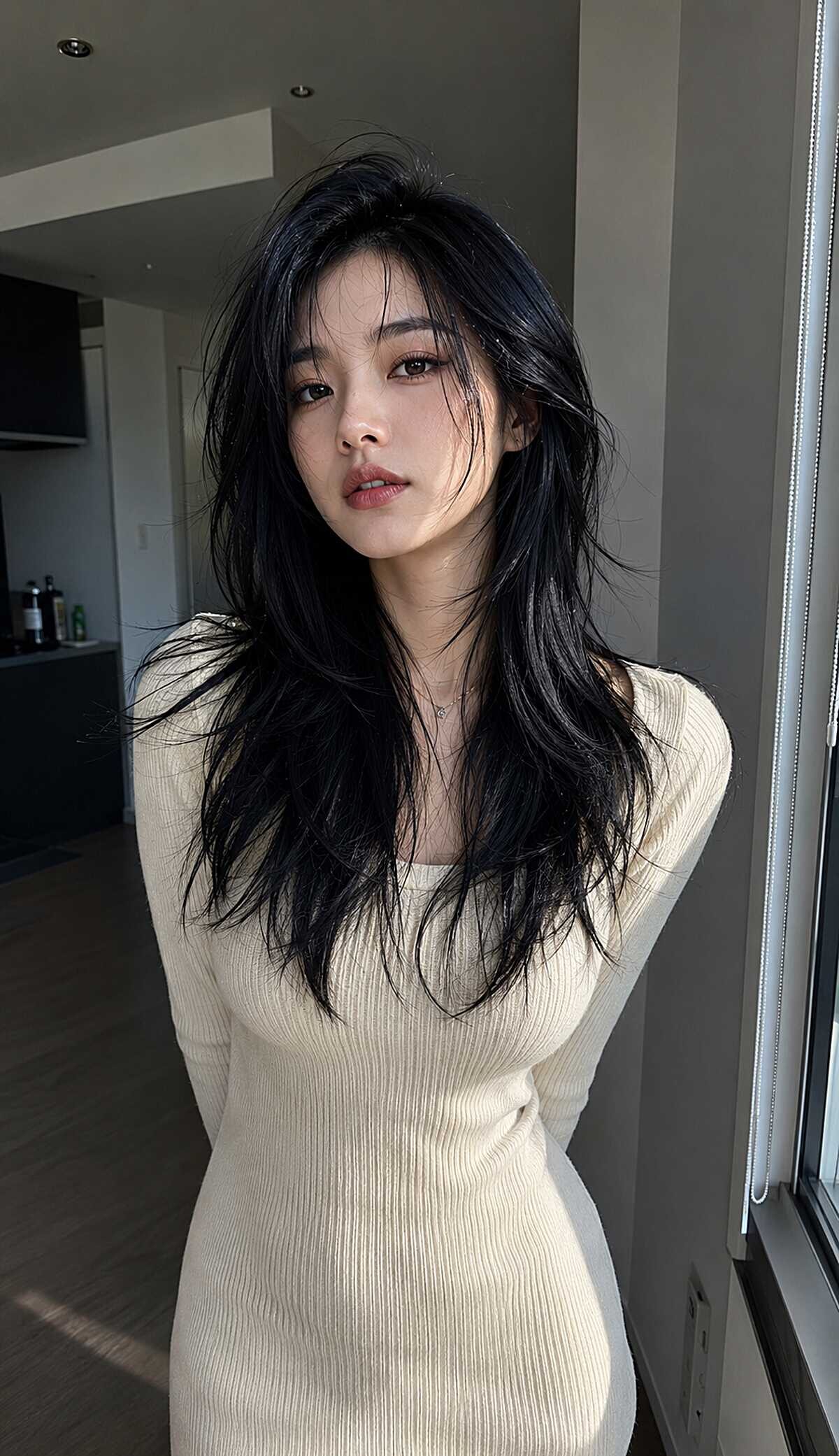 Jet black long hair with soft layers and side part