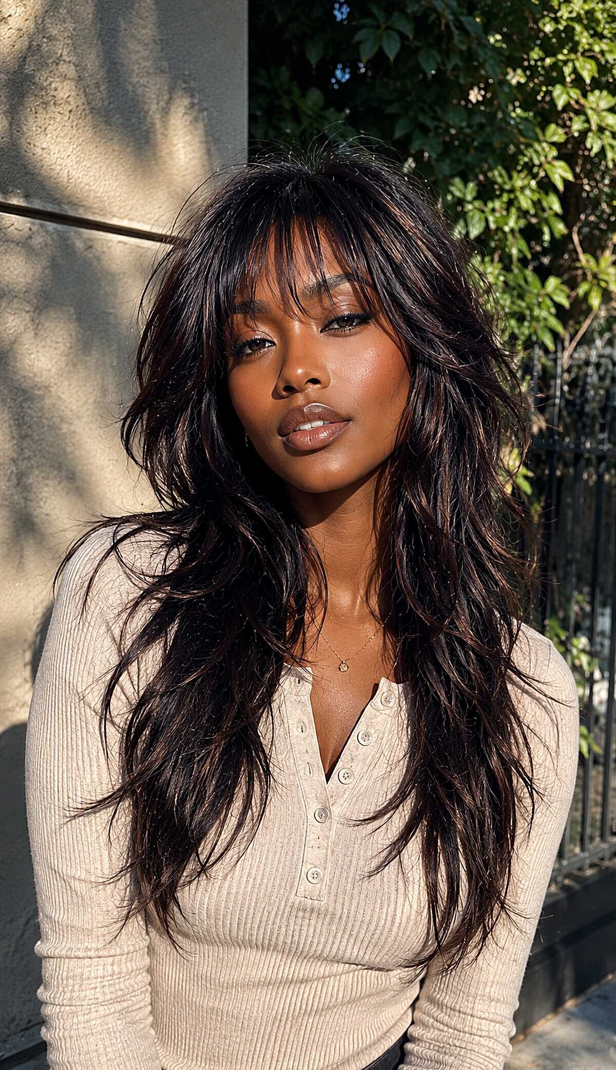 Black layered shag with face framing and sun highlights