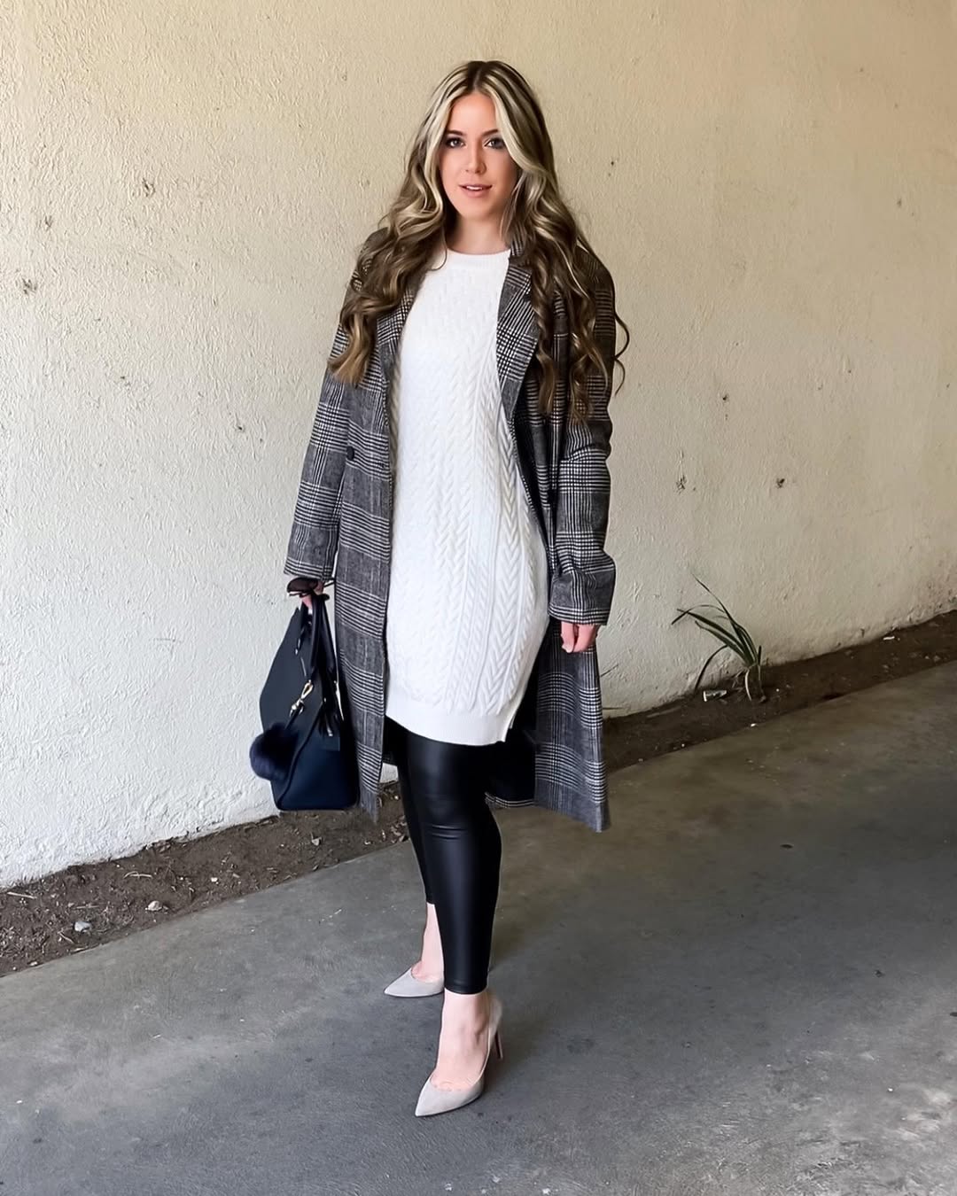 Chic Sweater Dress And Faux Leather Leggings Outfit